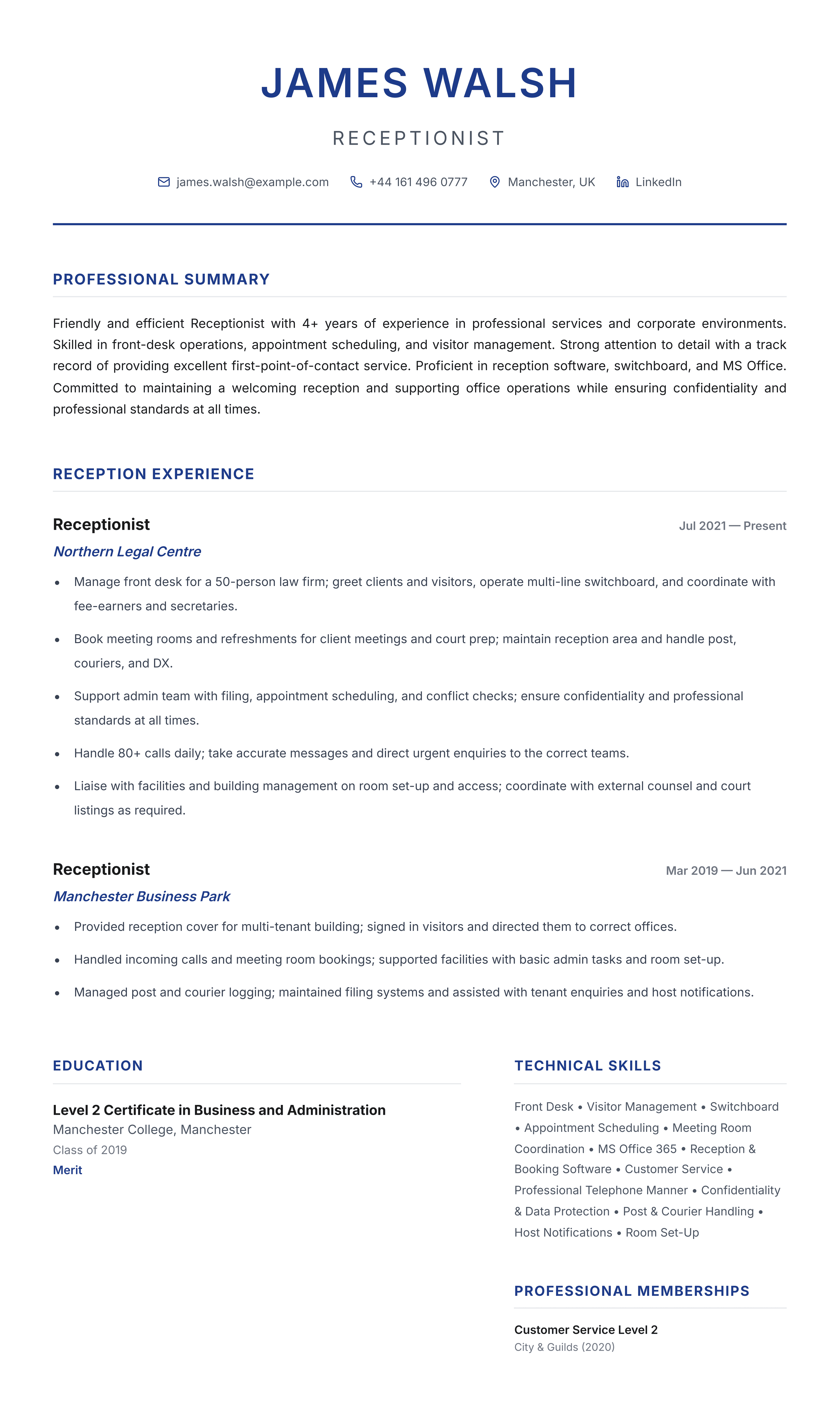 receptionist cv template
