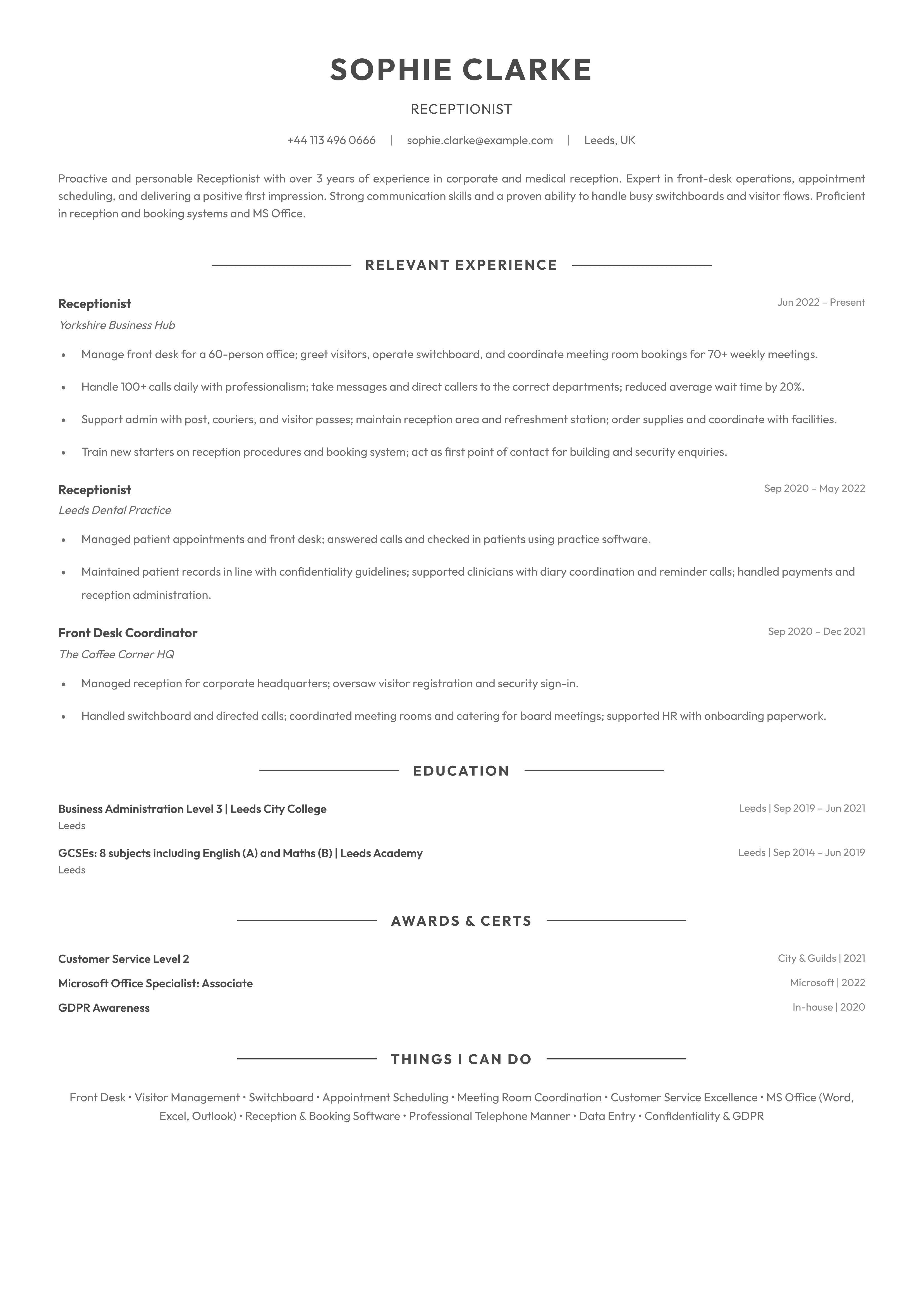 receptionist cv template