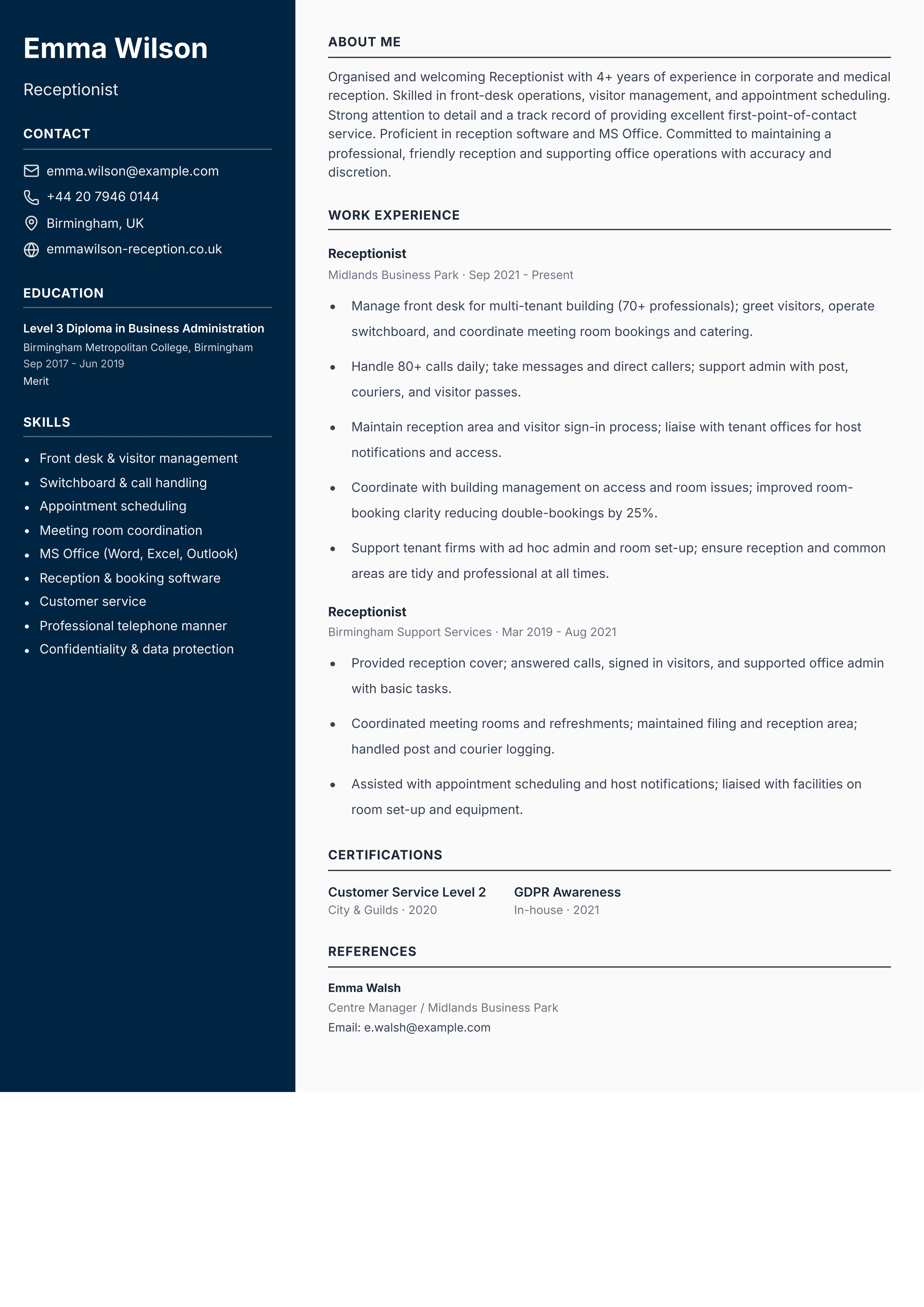 receptionist cv template