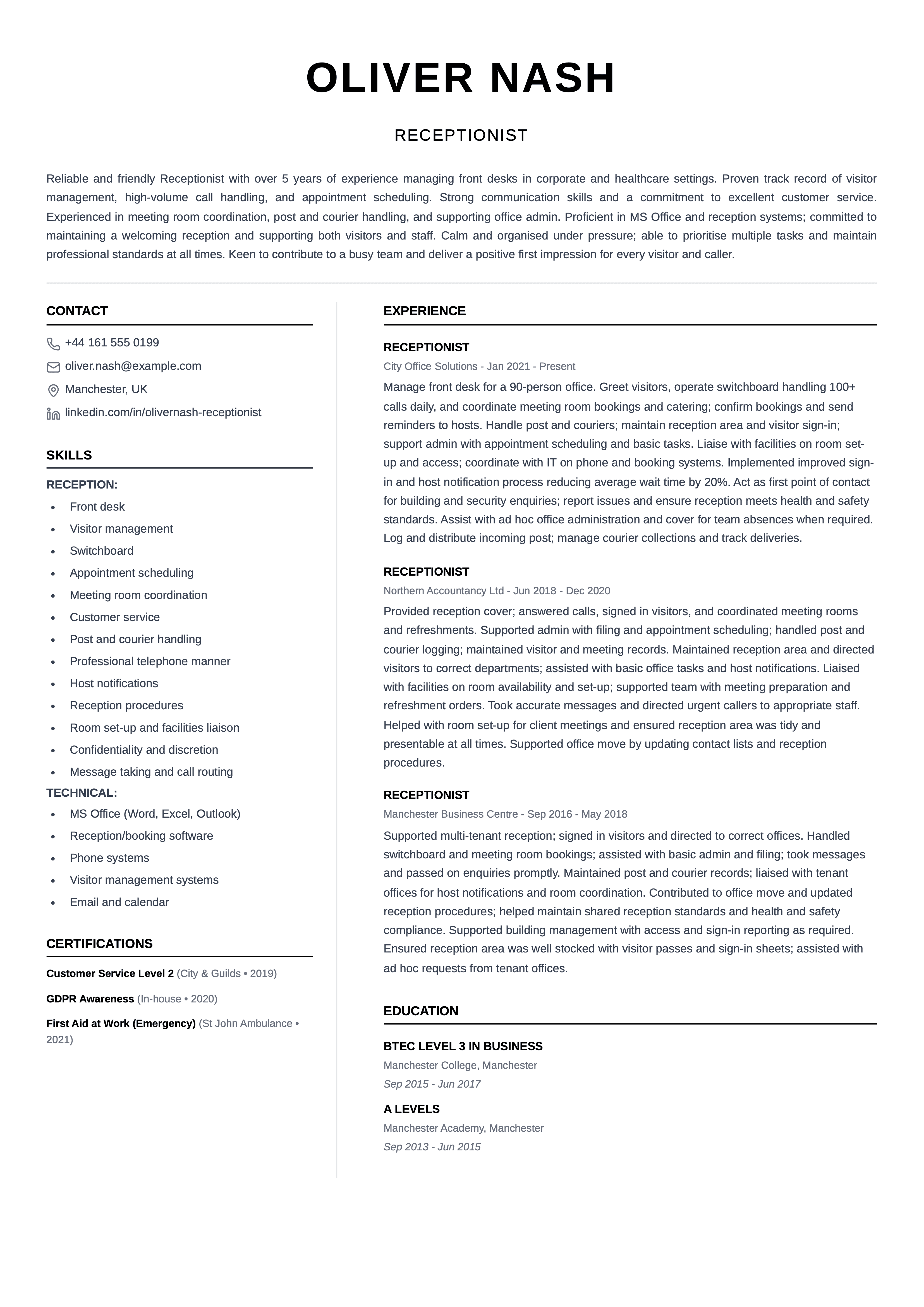 receptionist cv template