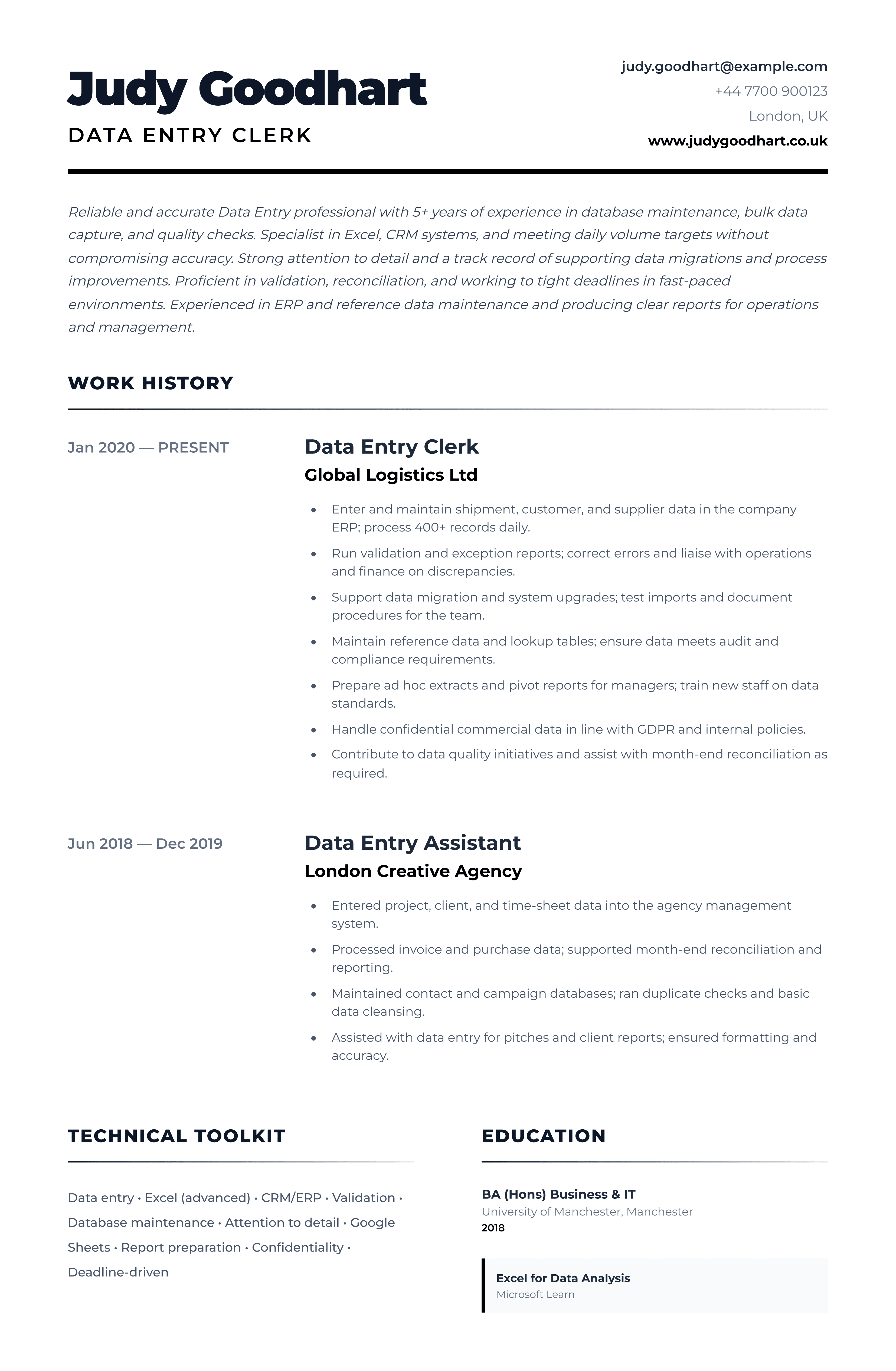 data entry cv template