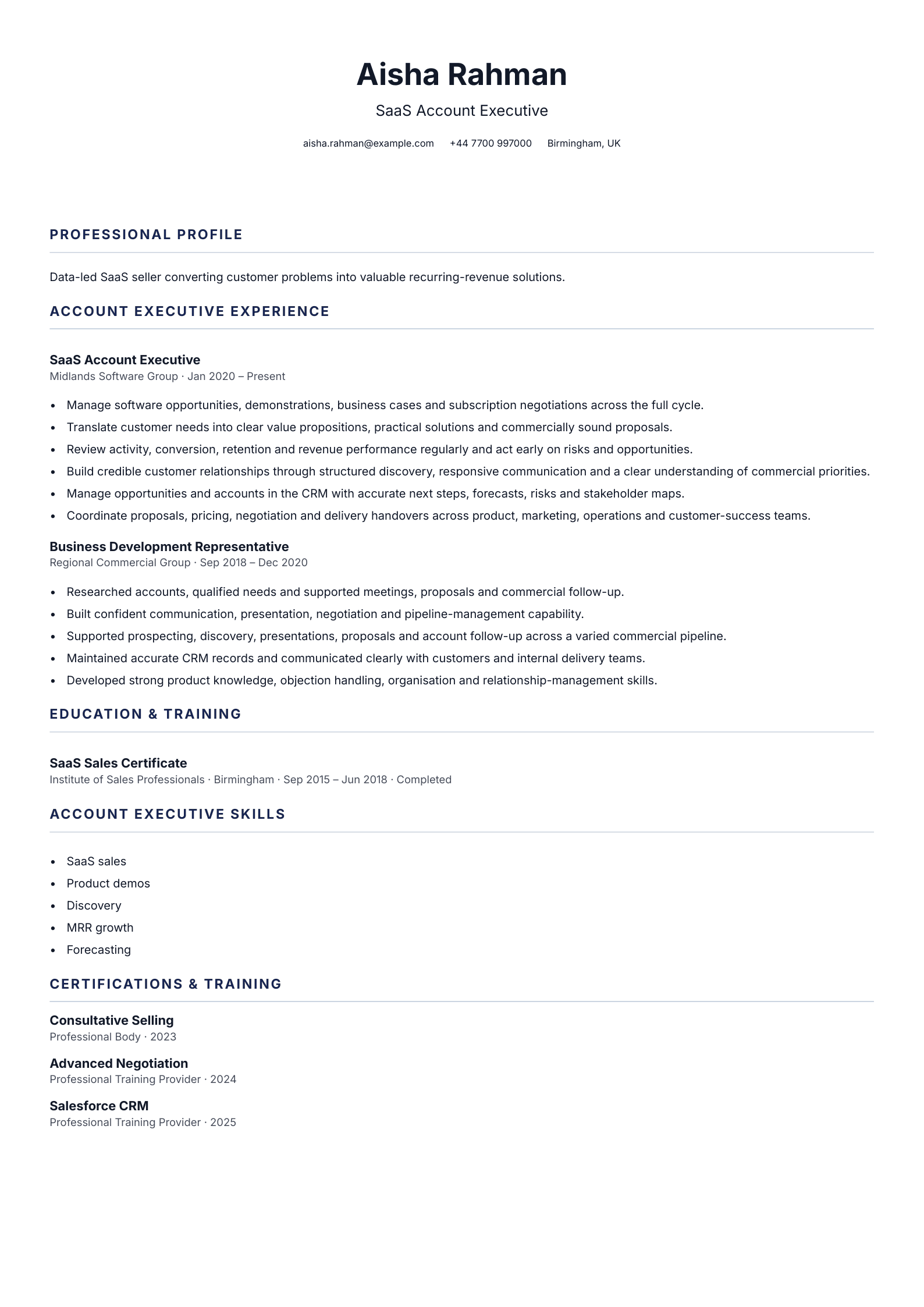 SaaS Account Executive CV template