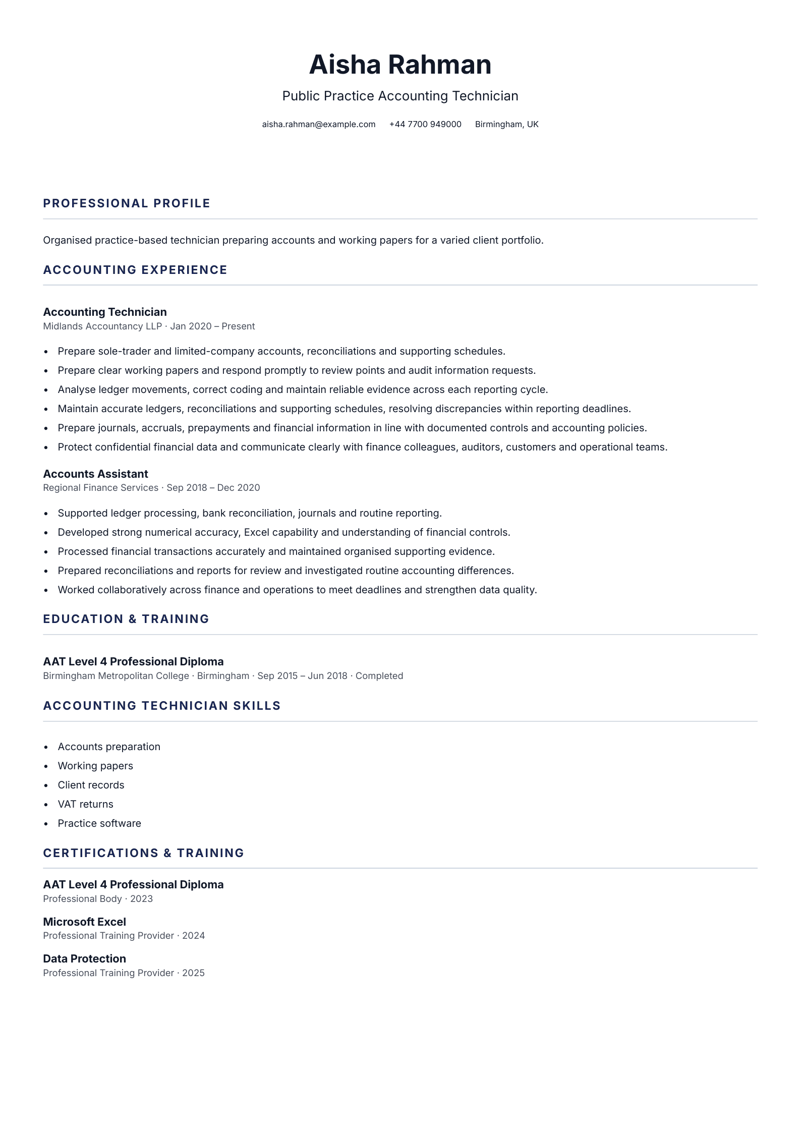 Public Practice Accounting Technician CV template