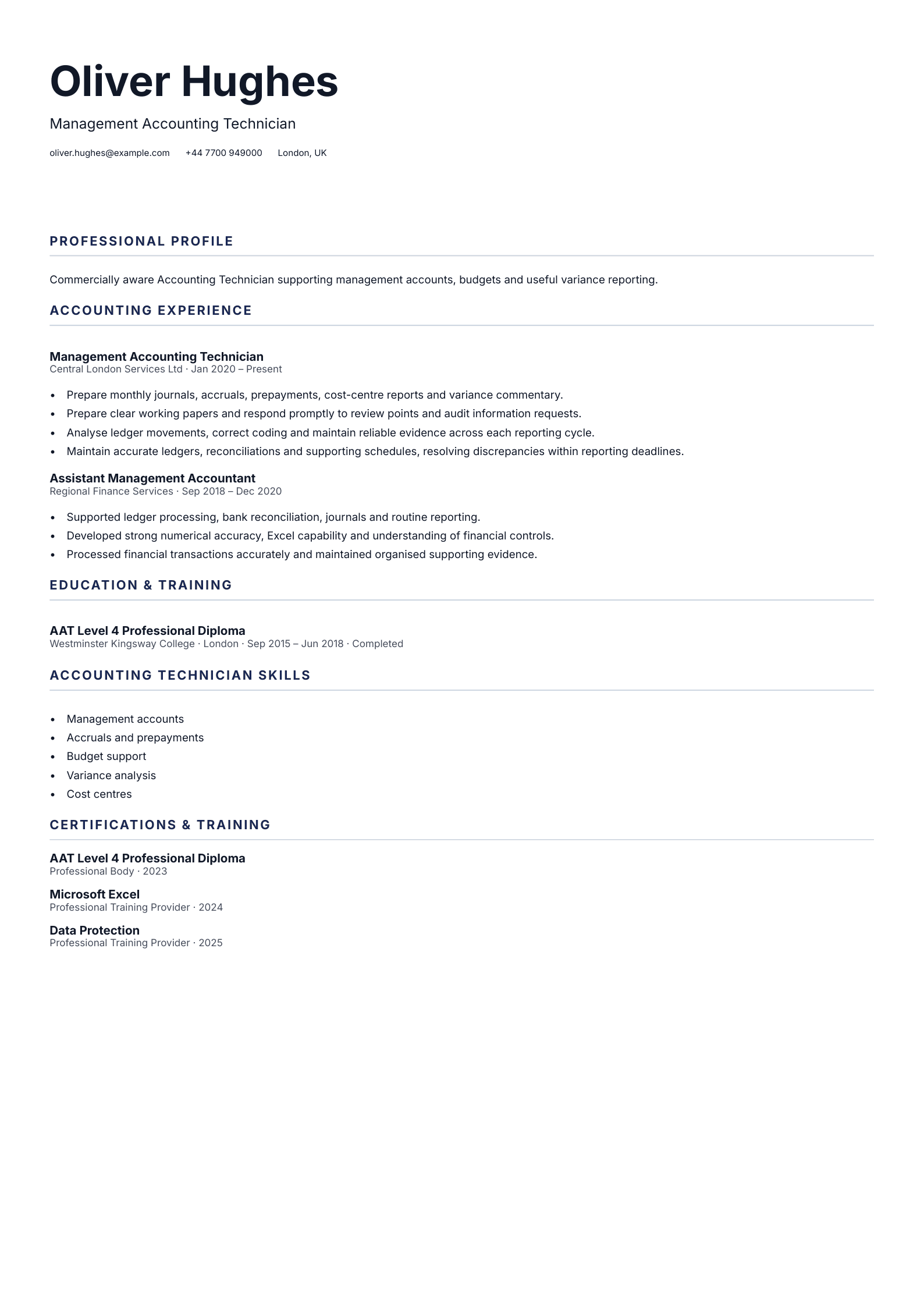 Management Accounting Technician CV template