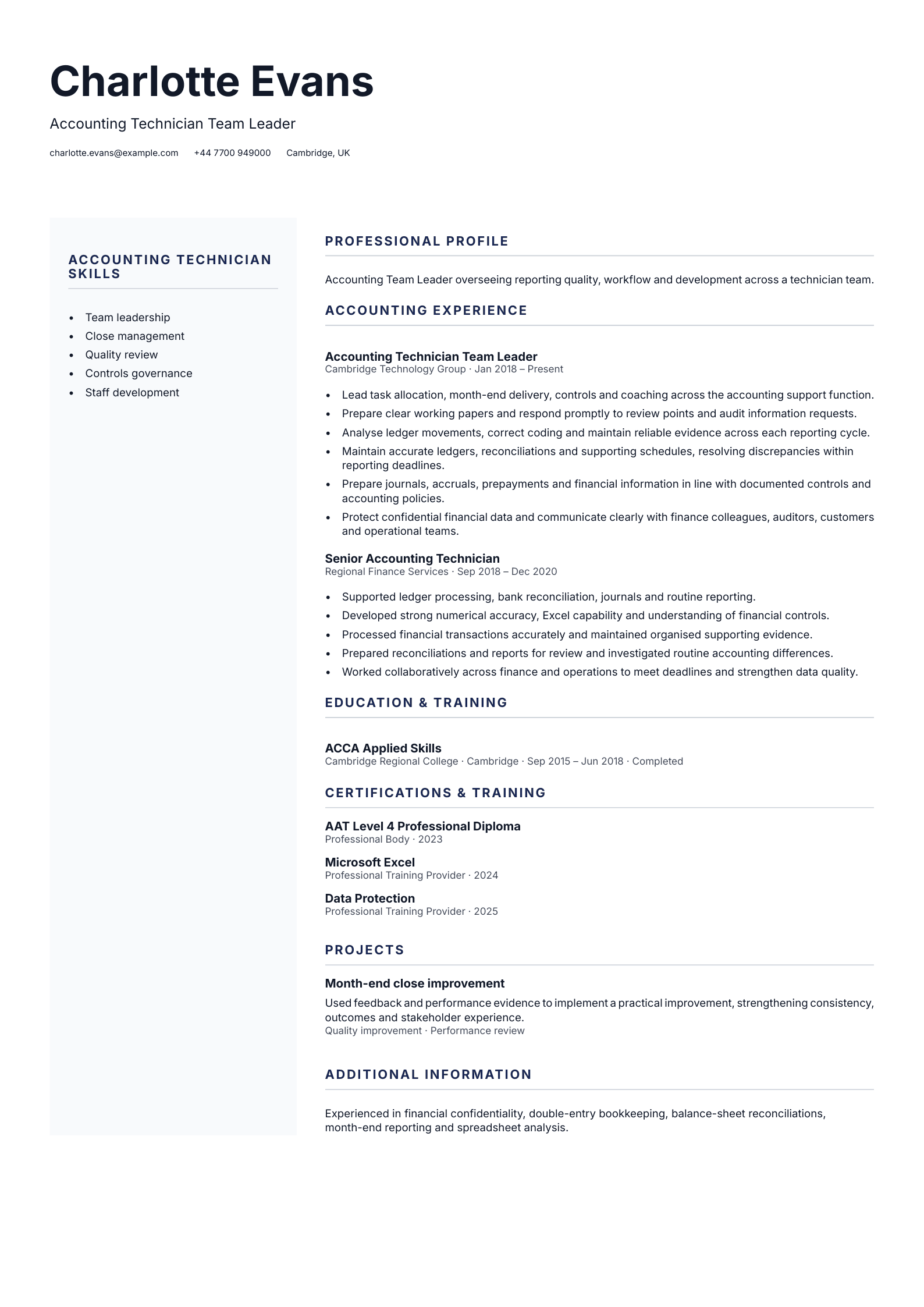 Accounting Technician Team Leader CV template