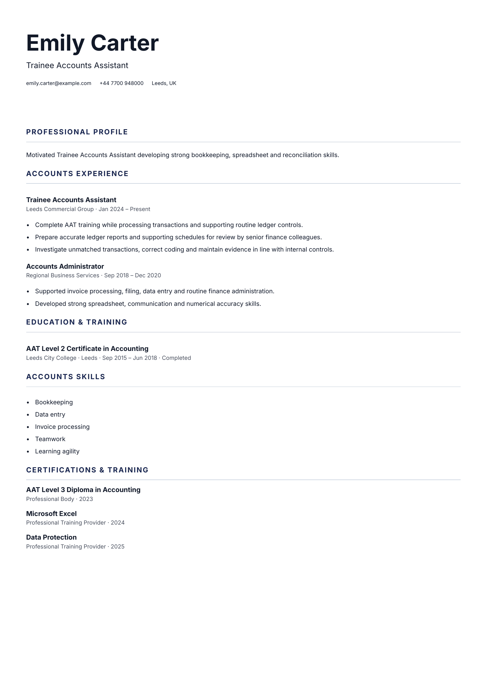 Trainee Accounts Assistant CV template