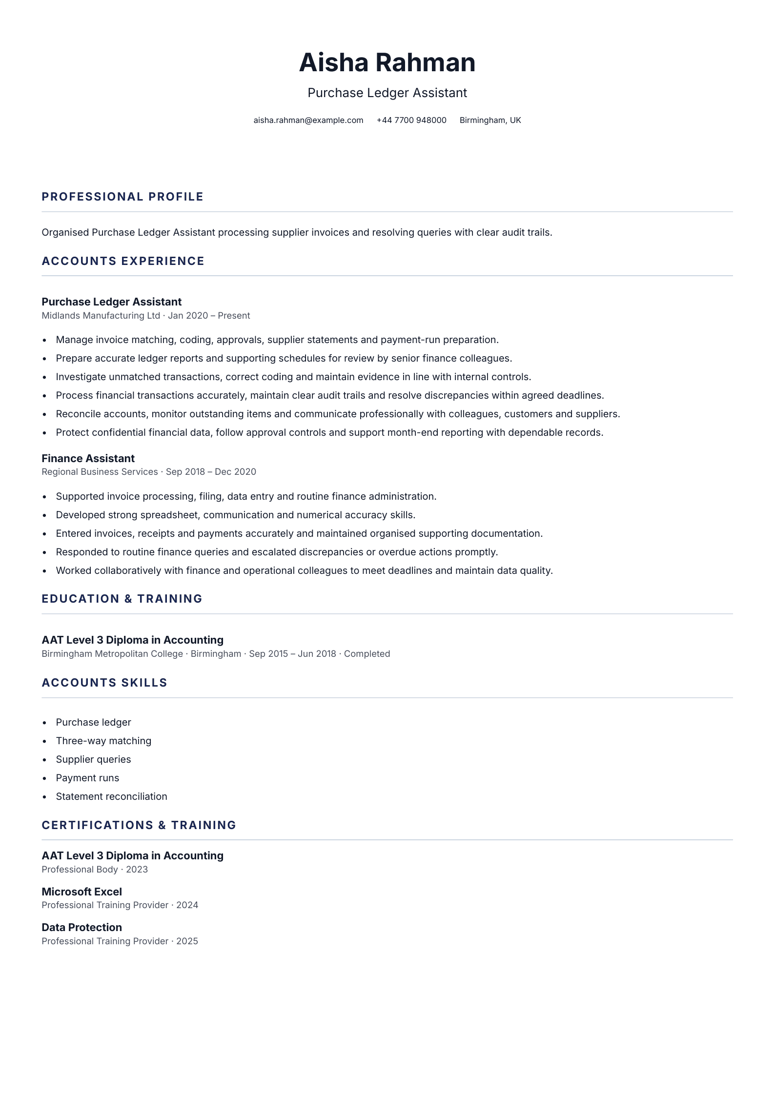 Purchase Ledger Assistant CV template