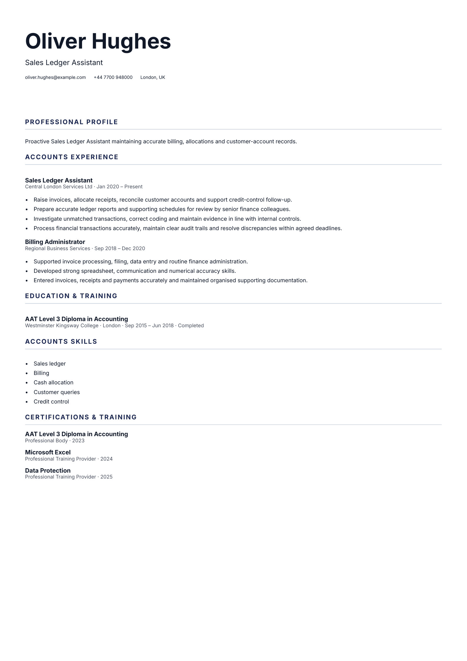Sales Ledger Assistant CV template
