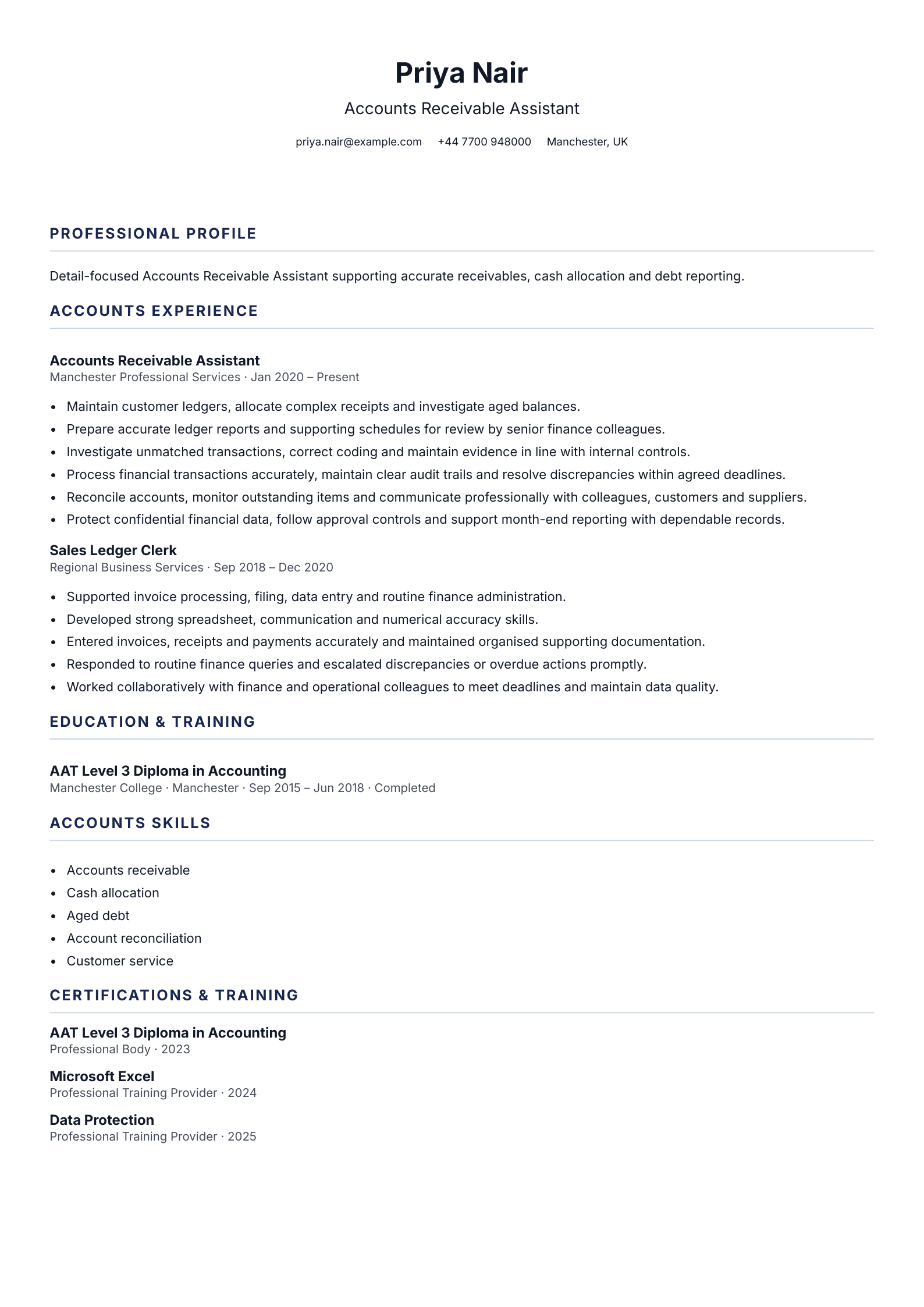 Accounts Receivable Assistant CV template