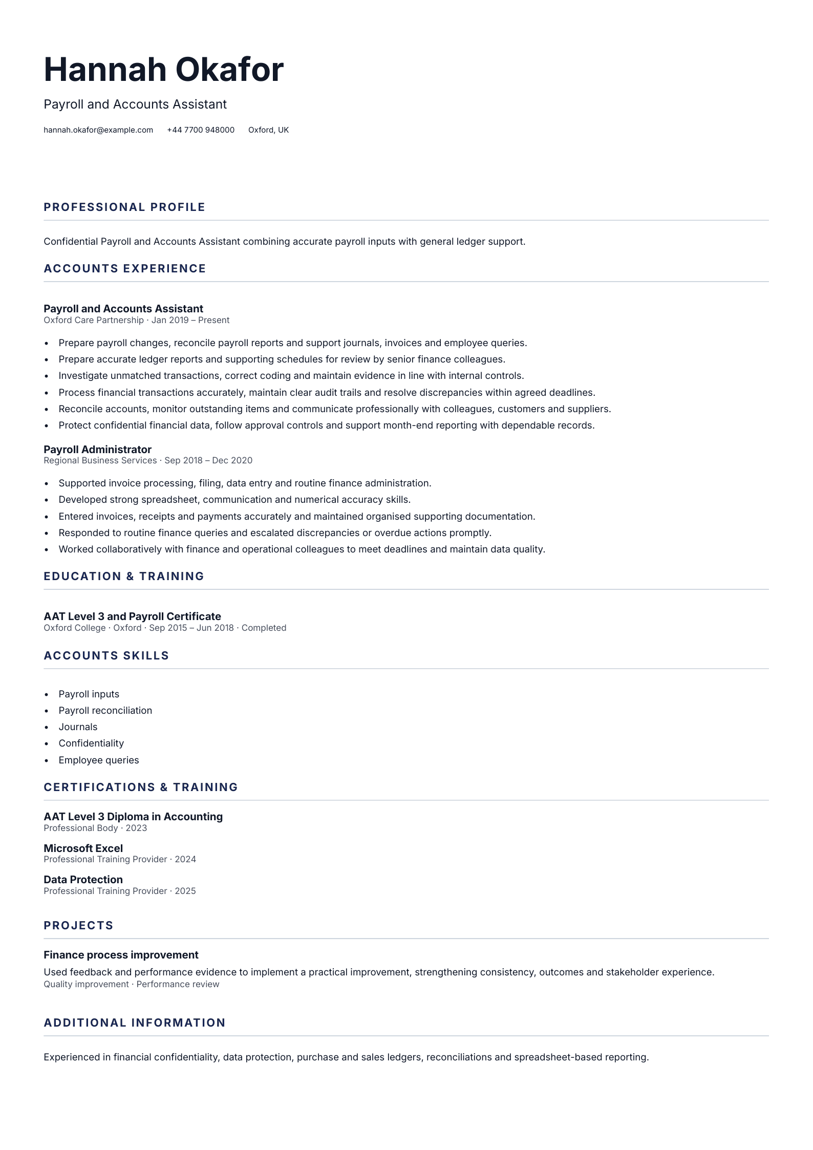 Payroll and Accounts Assistant CV template