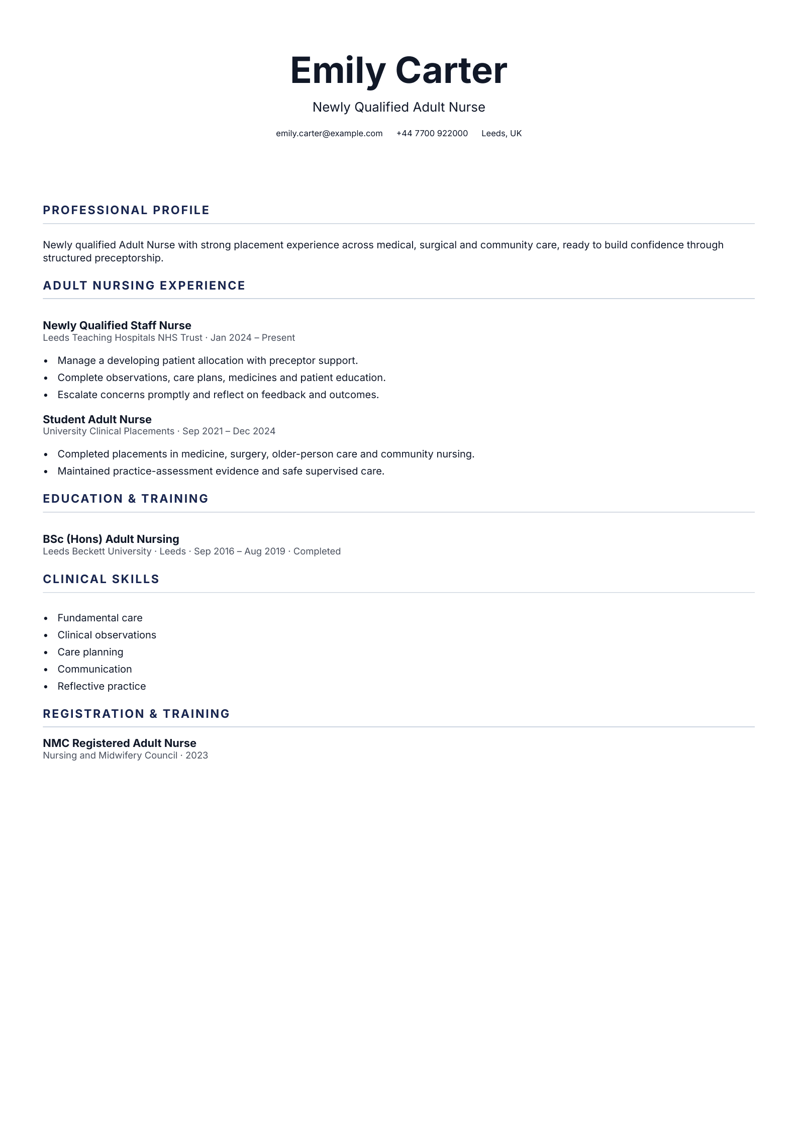Newly Qualified Adult Nurse CV template
