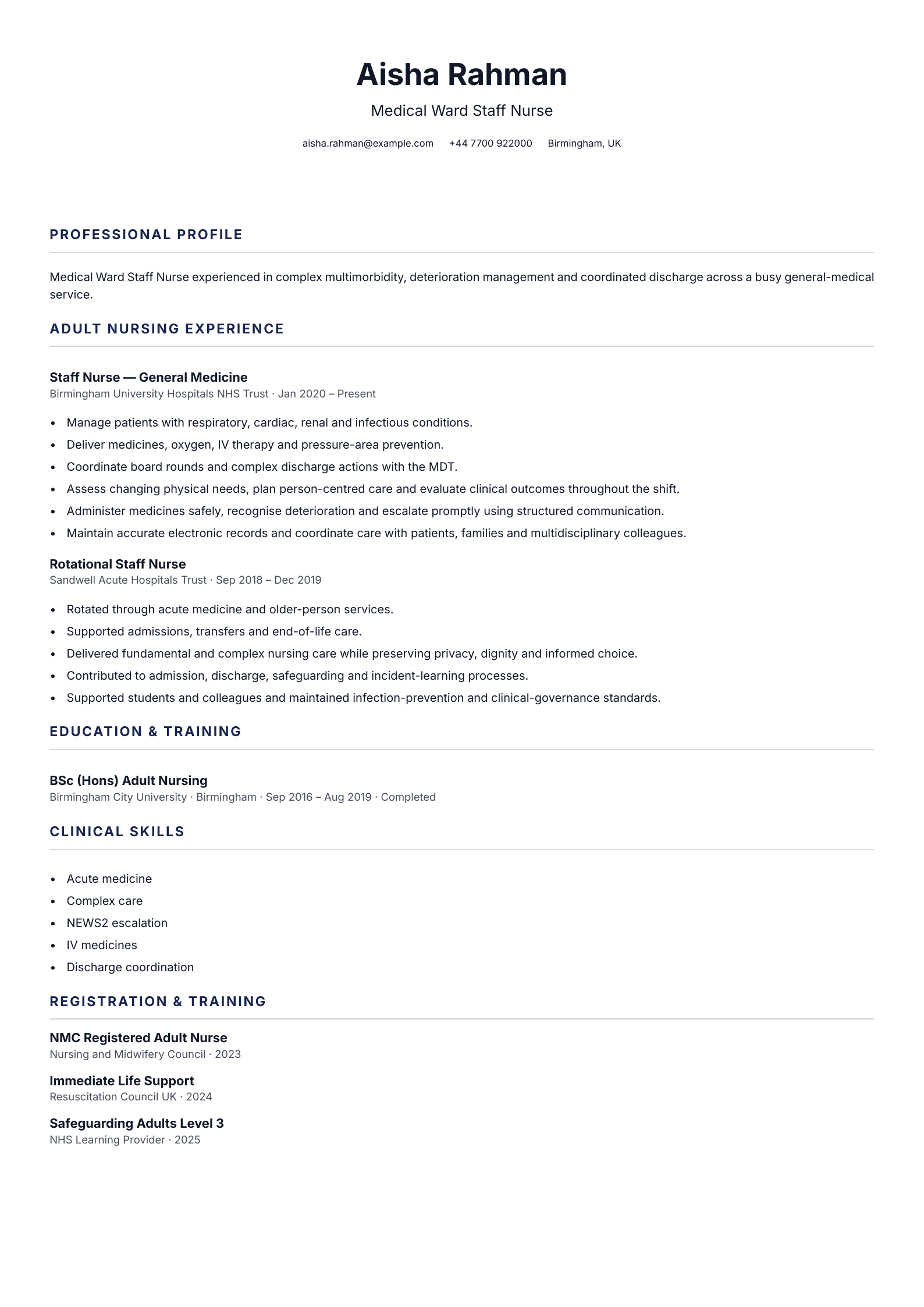 Medical Ward Staff Nurse CV template