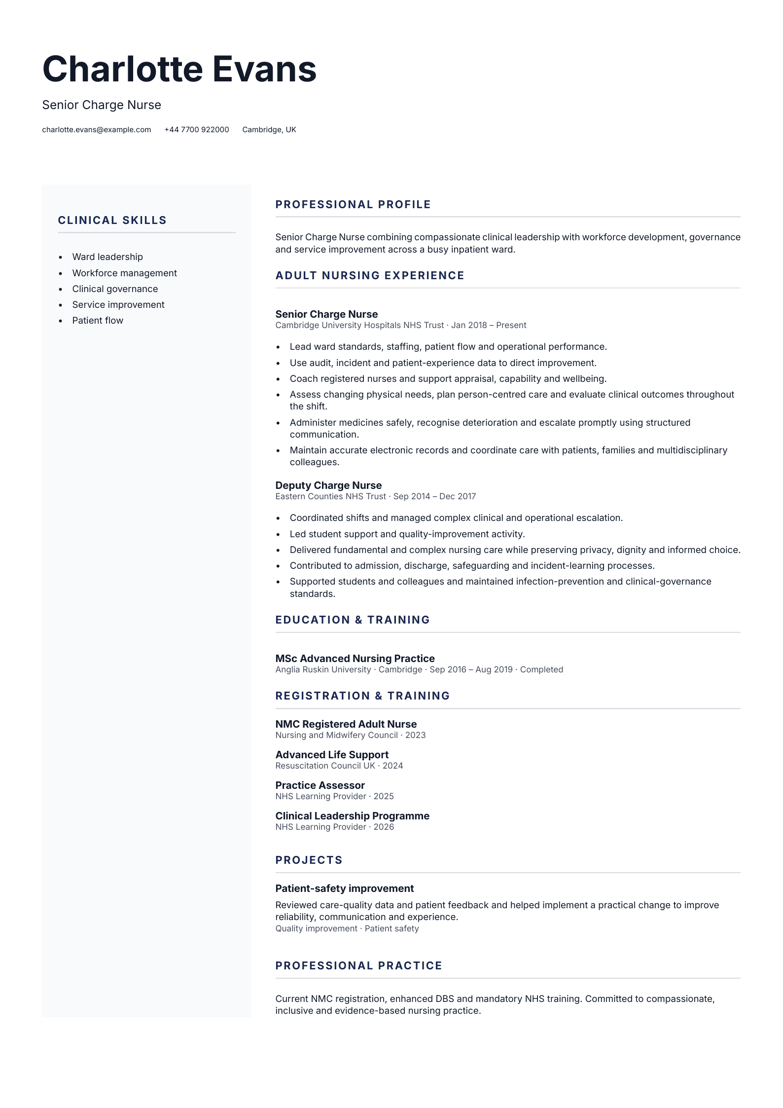 Senior Charge Nurse CV template