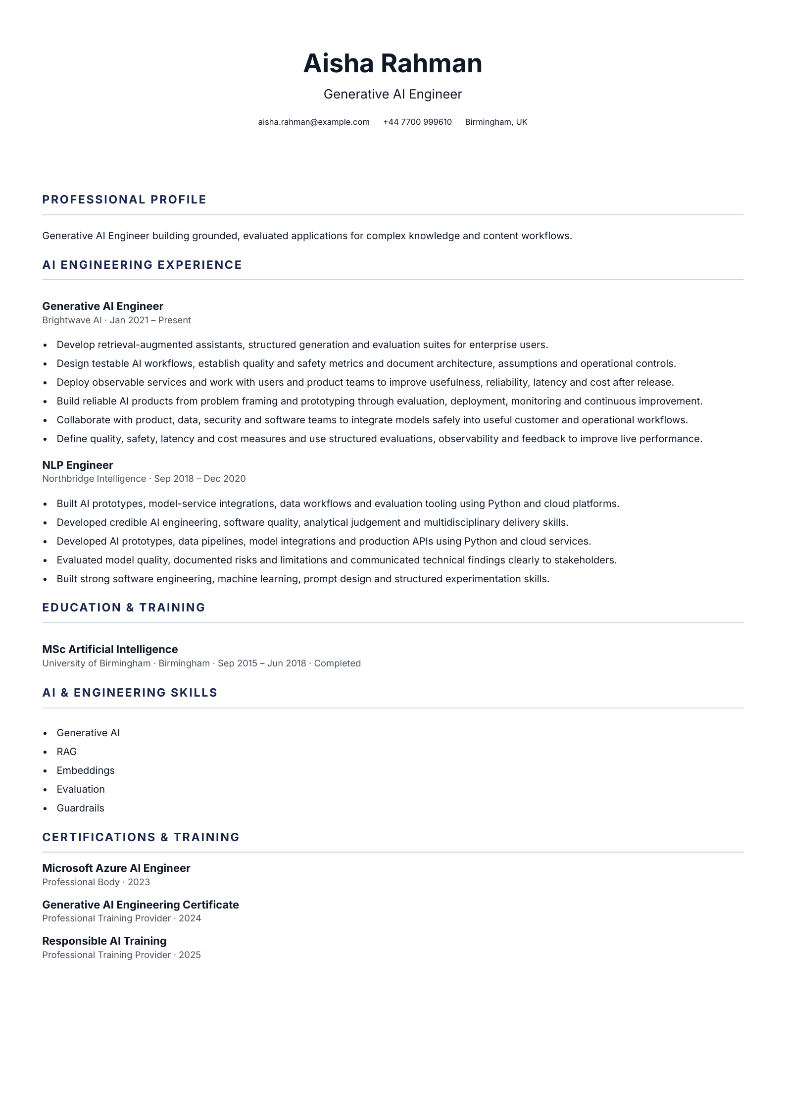 Generative AI Engineer CV template