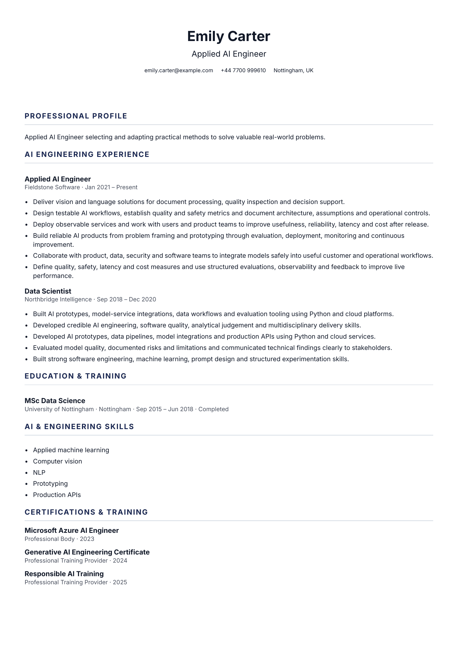 Applied AI Engineer CV template
