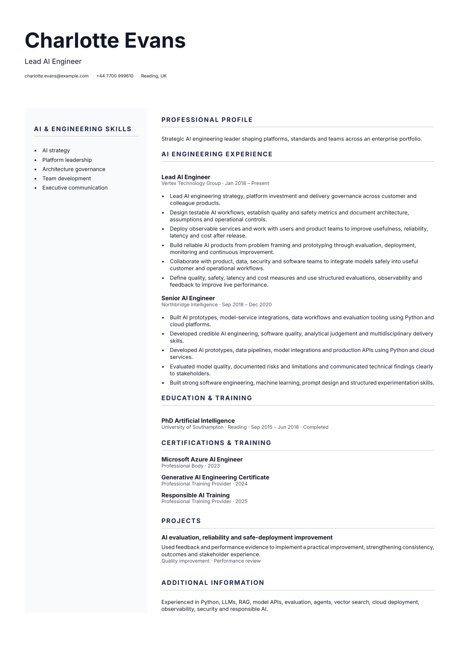 Lead AI Engineer CV template