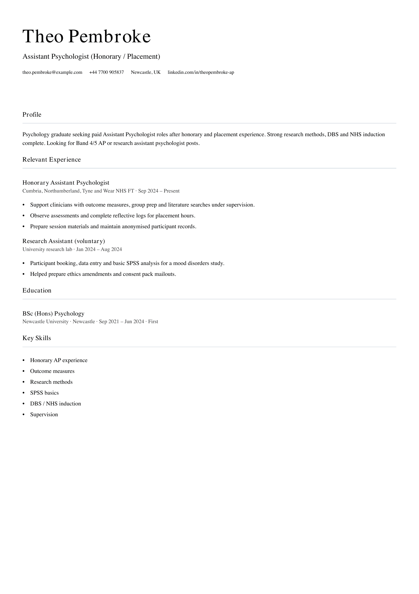 honorary placement assistant psychologist cv template