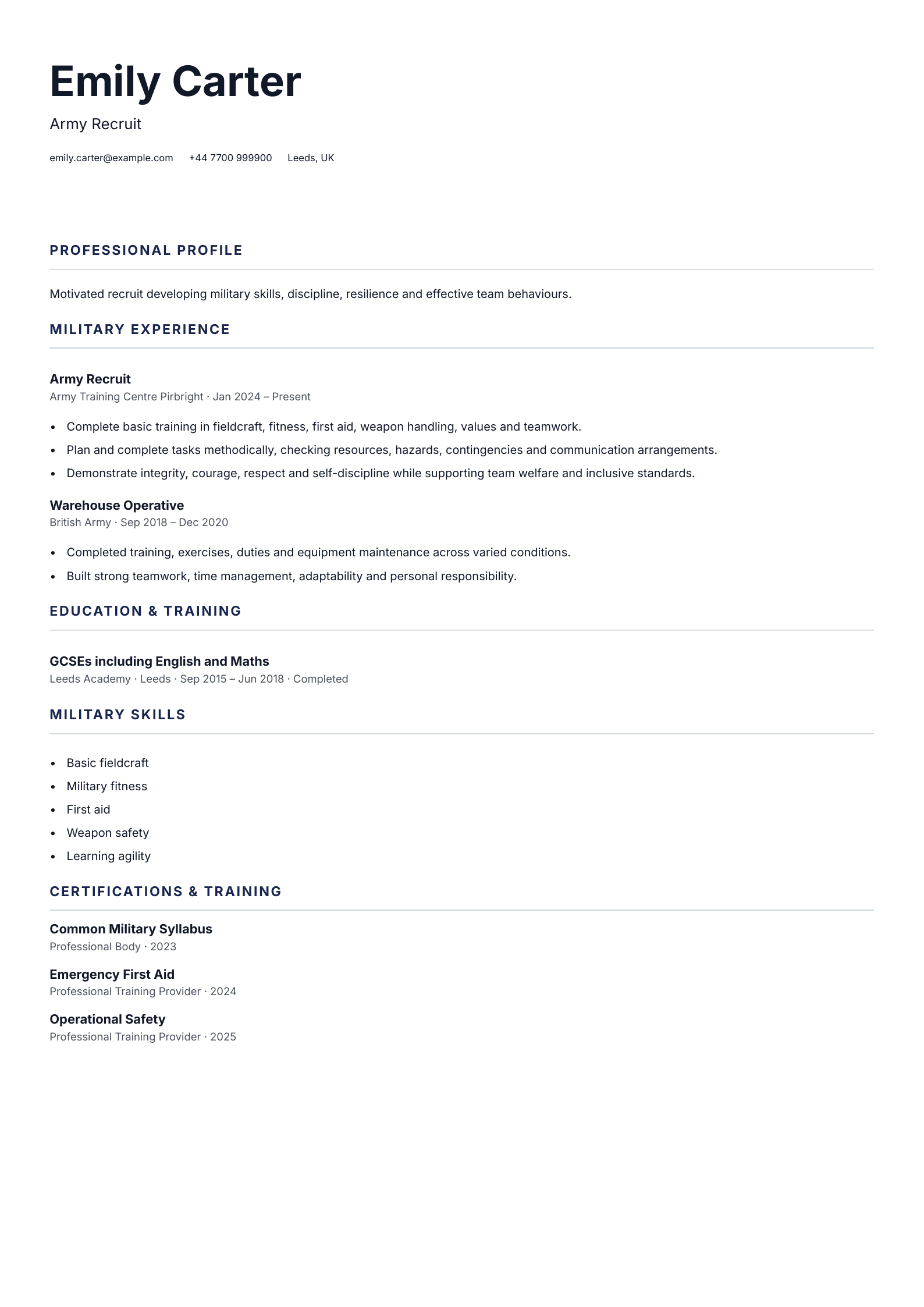 Army Recruit CV template