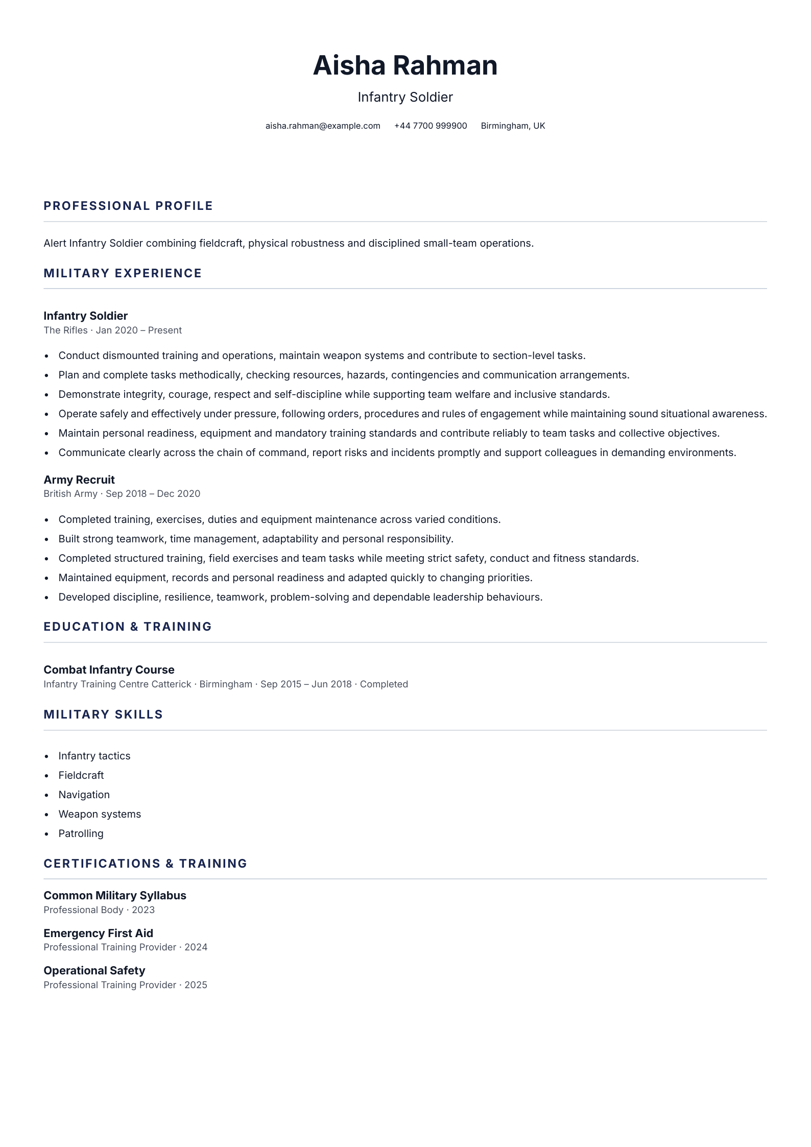 Infantry Soldier CV template