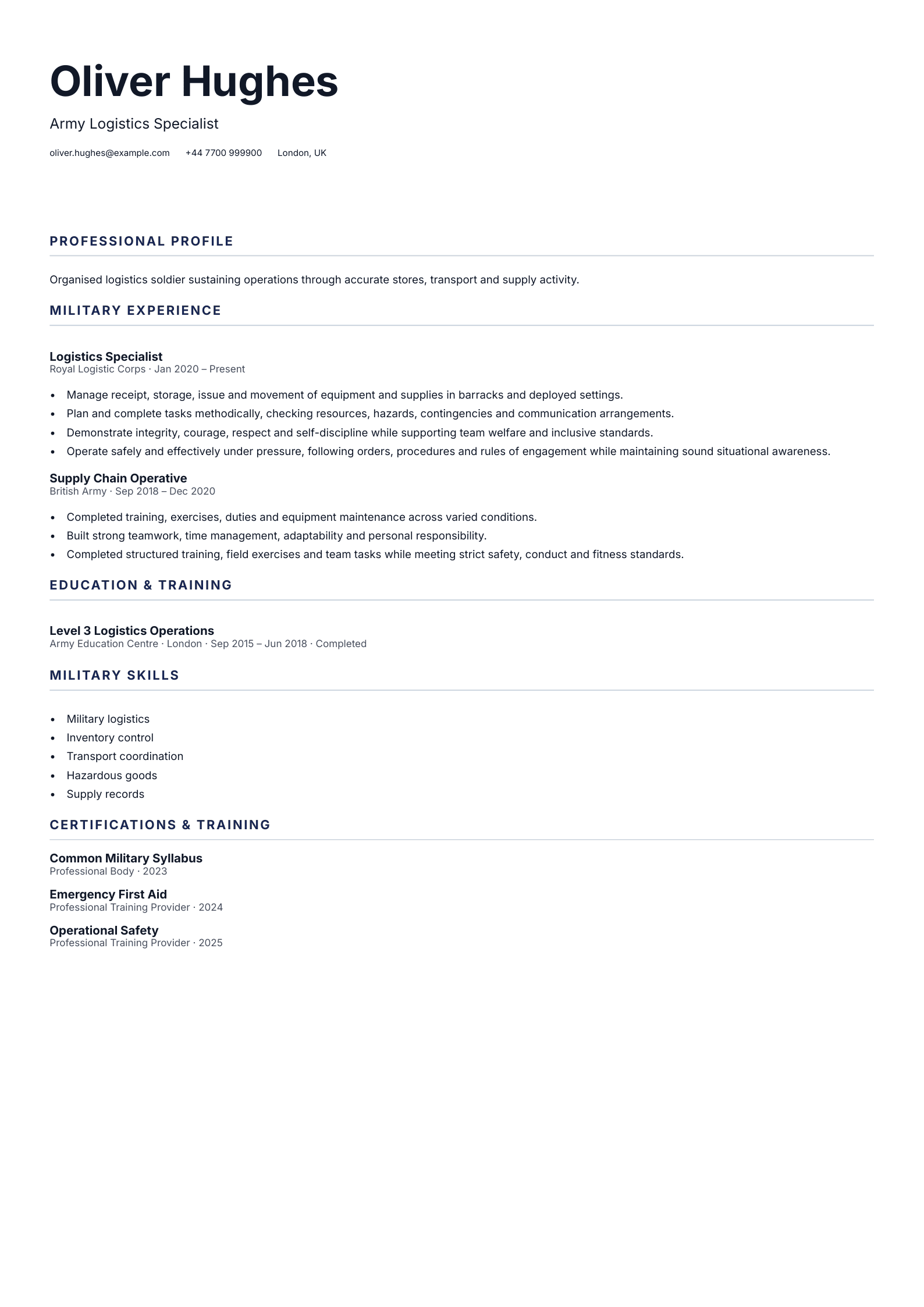 Army Logistics Specialist CV template