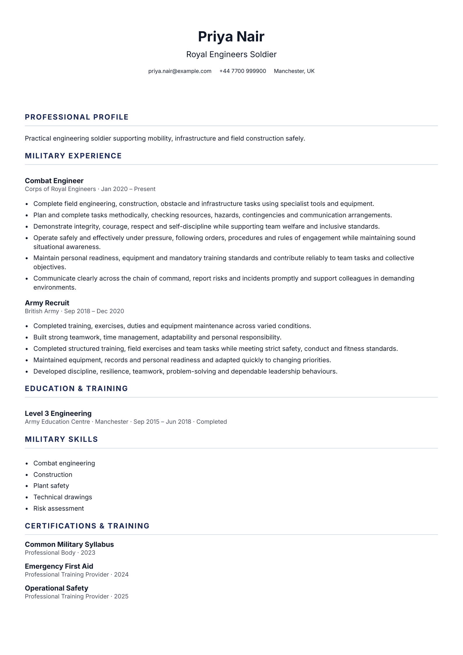 Royal Engineers Soldier CV template