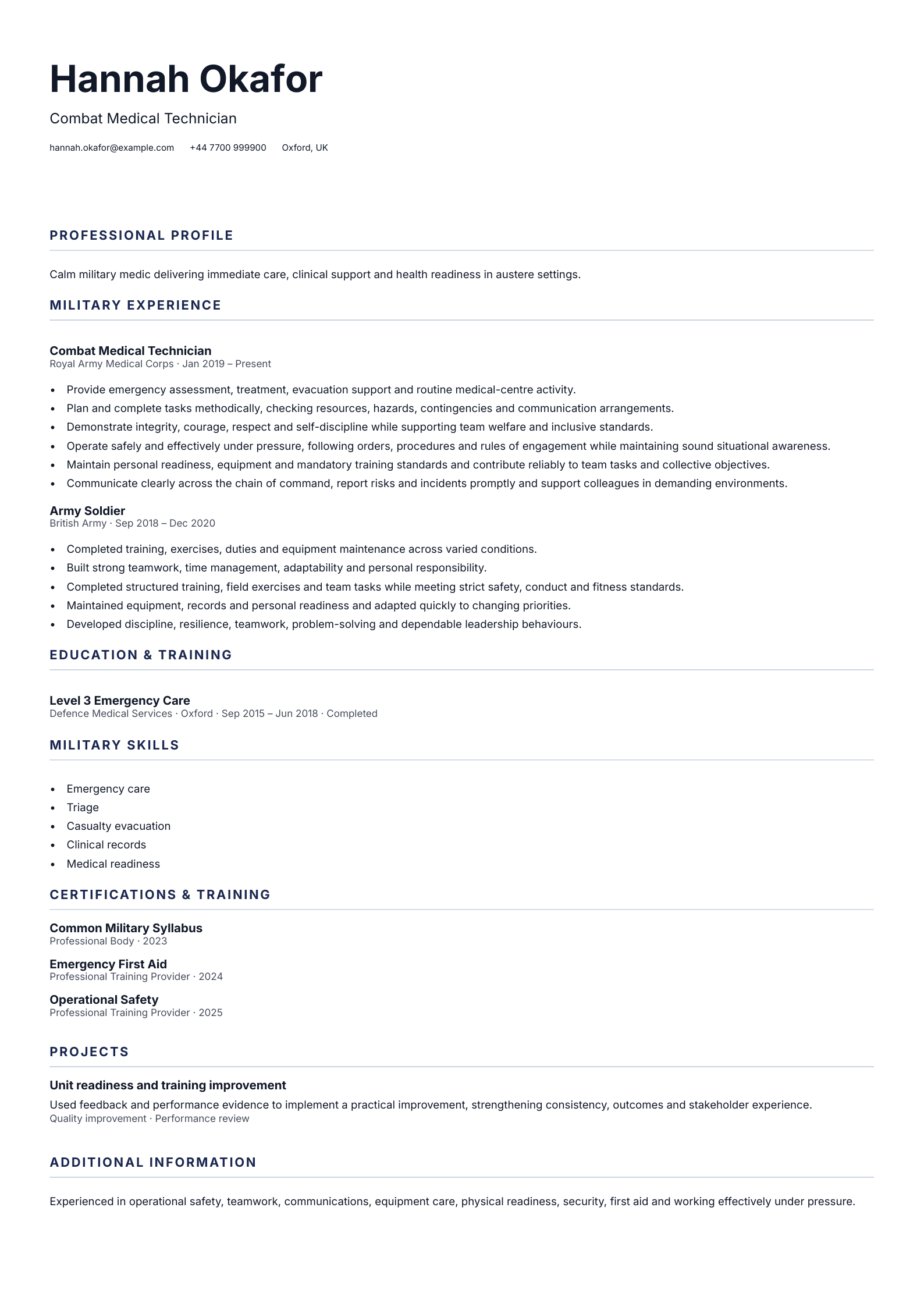Combat Medical Technician CV template