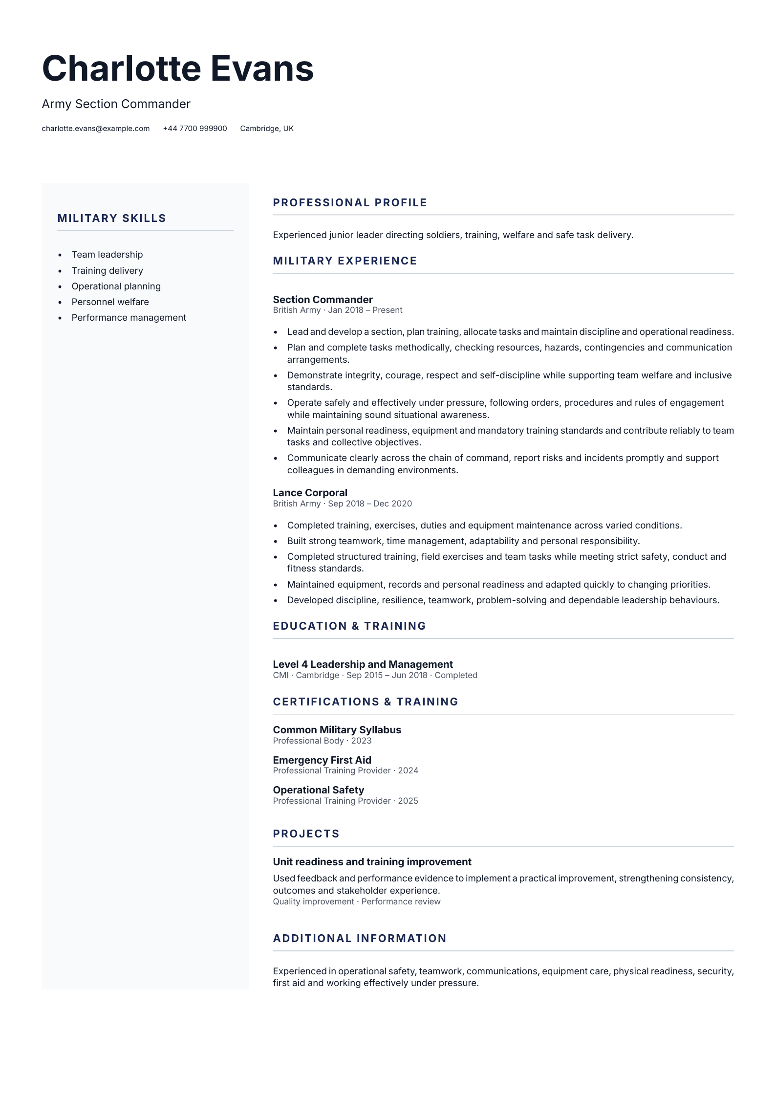 Army Section Commander CV template
