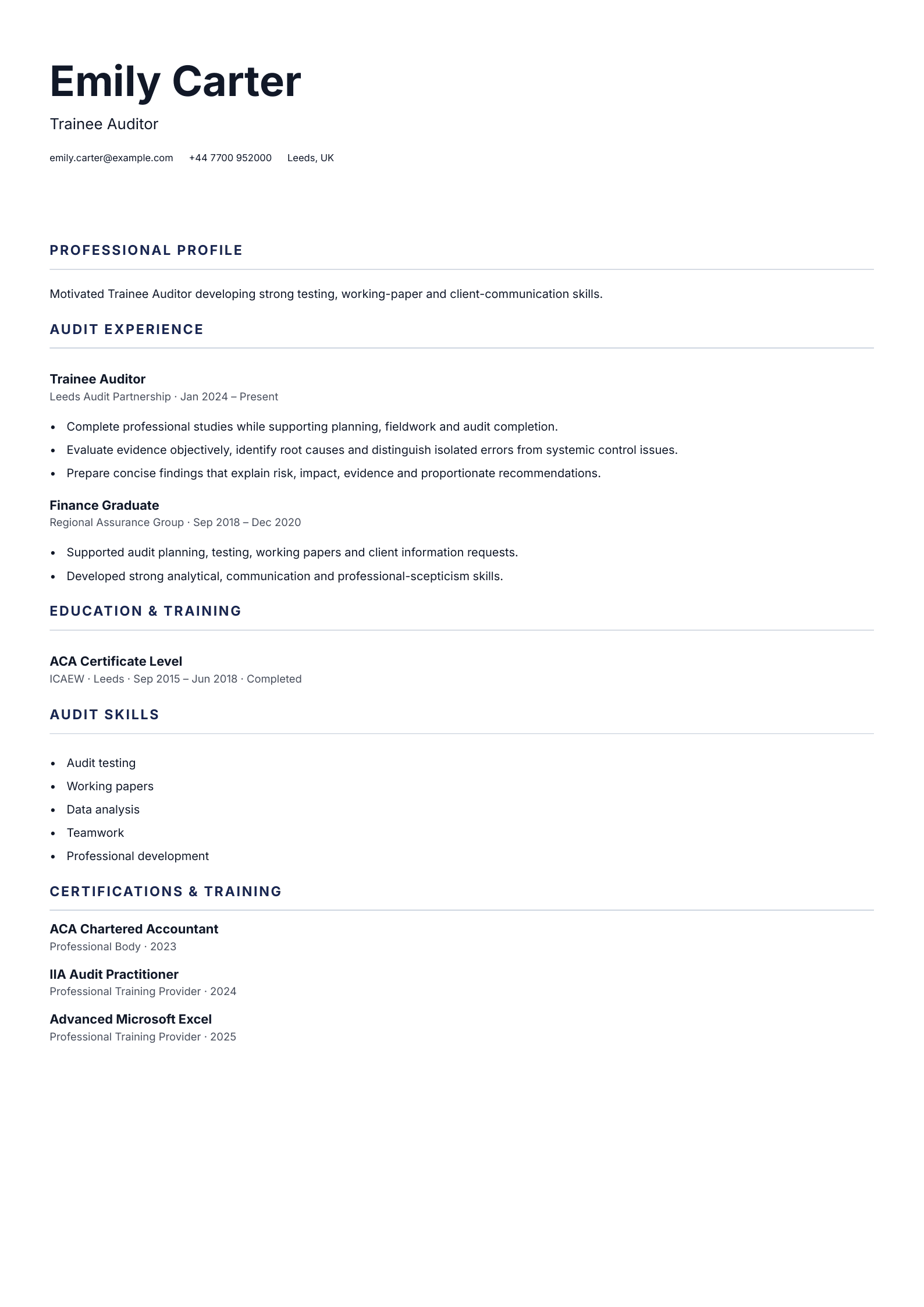 Trainee Auditor CV template