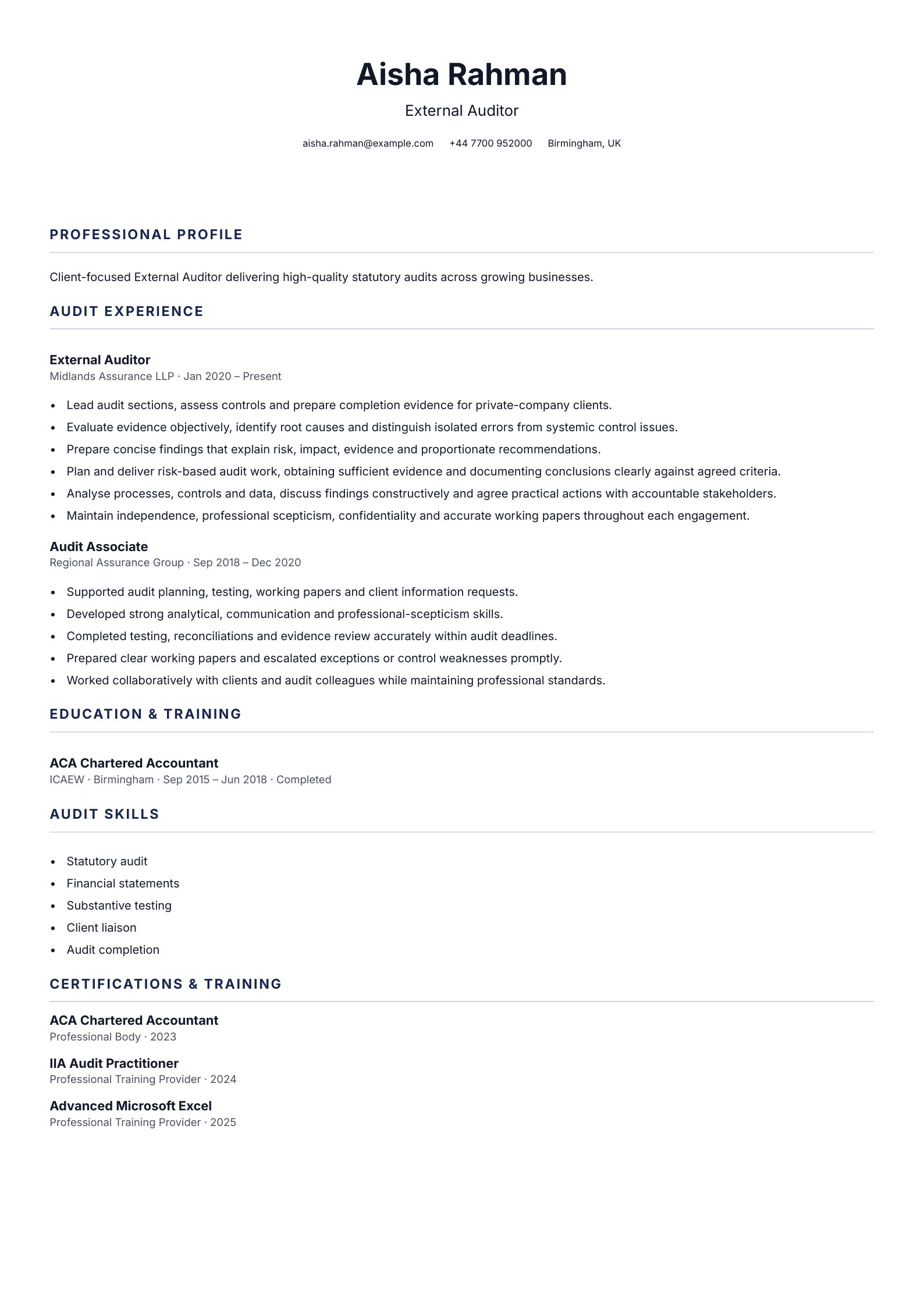 External Auditor CV template