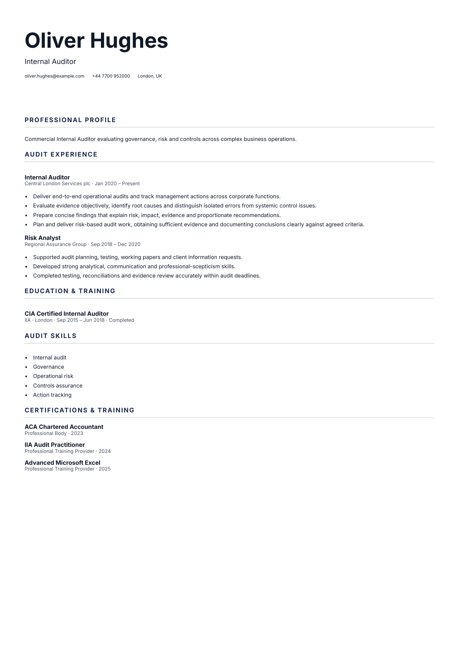 Internal Auditor CV template