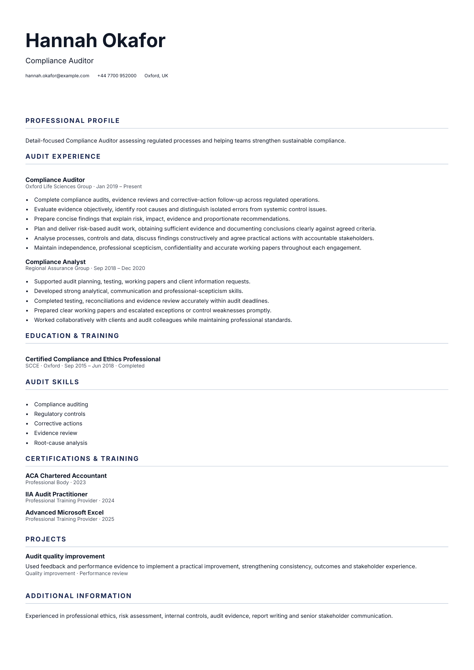 Compliance Auditor CV template