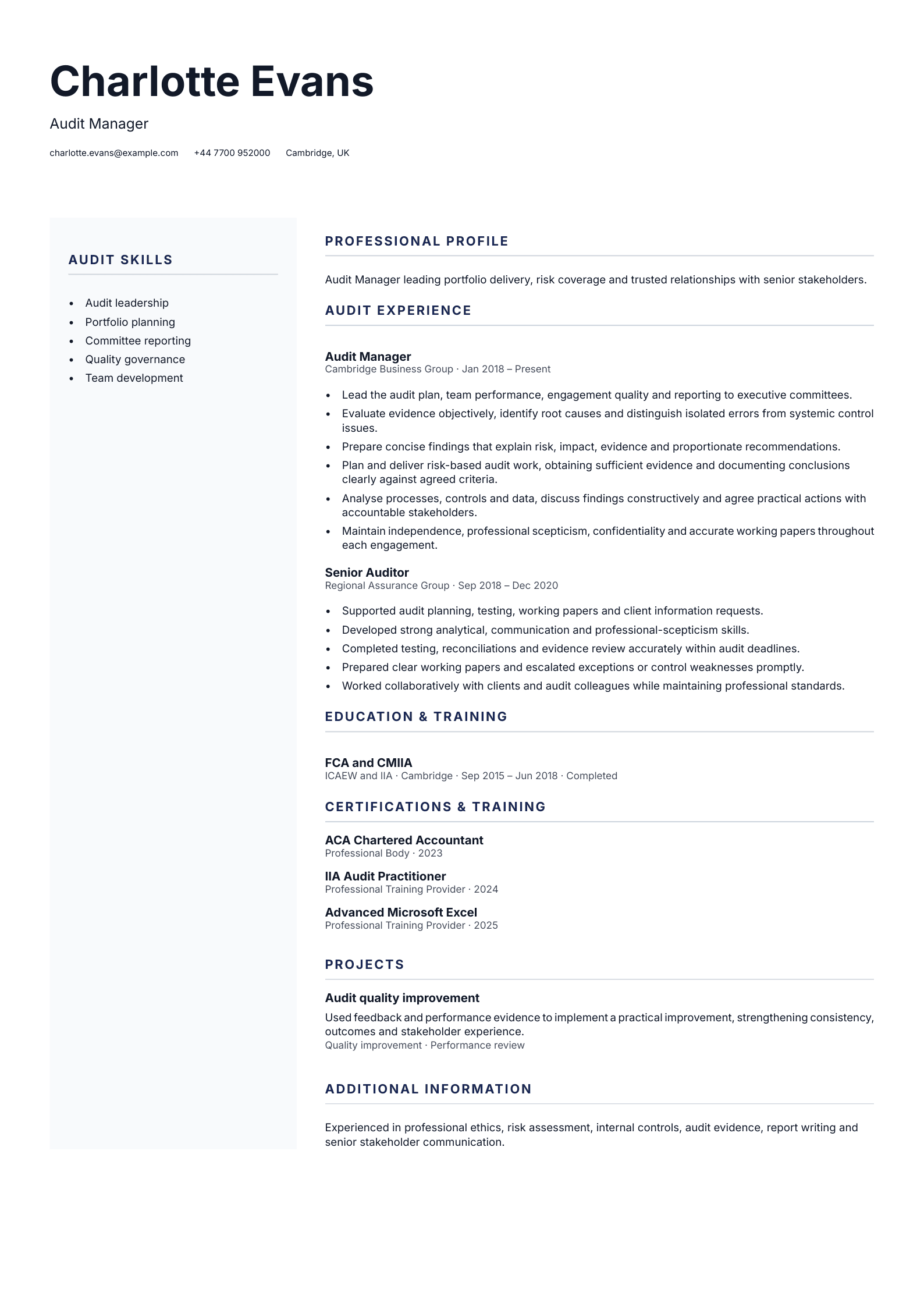 Audit Manager CV template