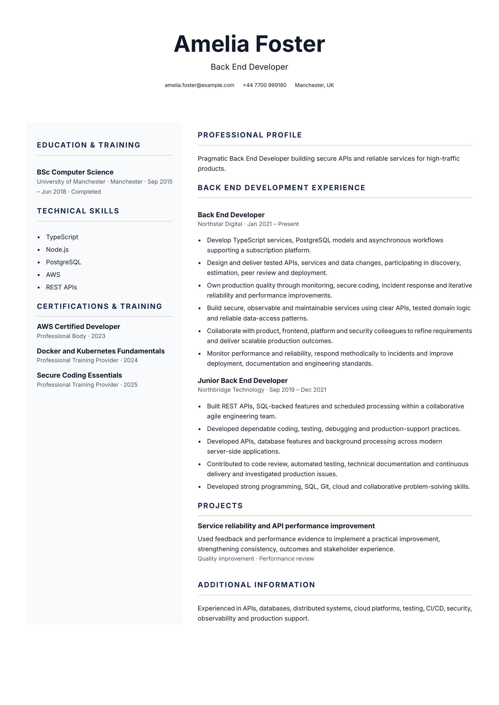 Back end developer CV