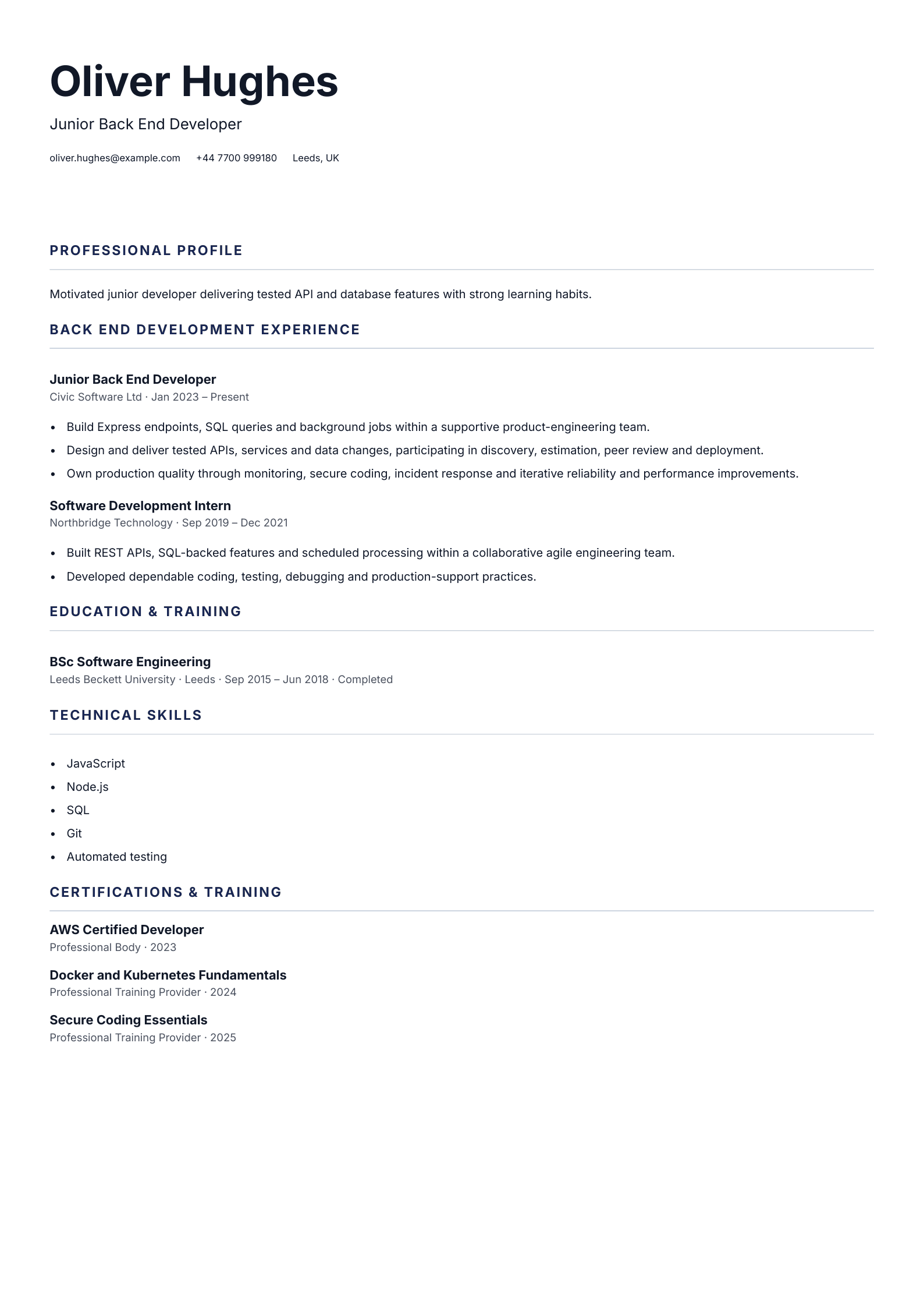 Junior Back End Developer CV template