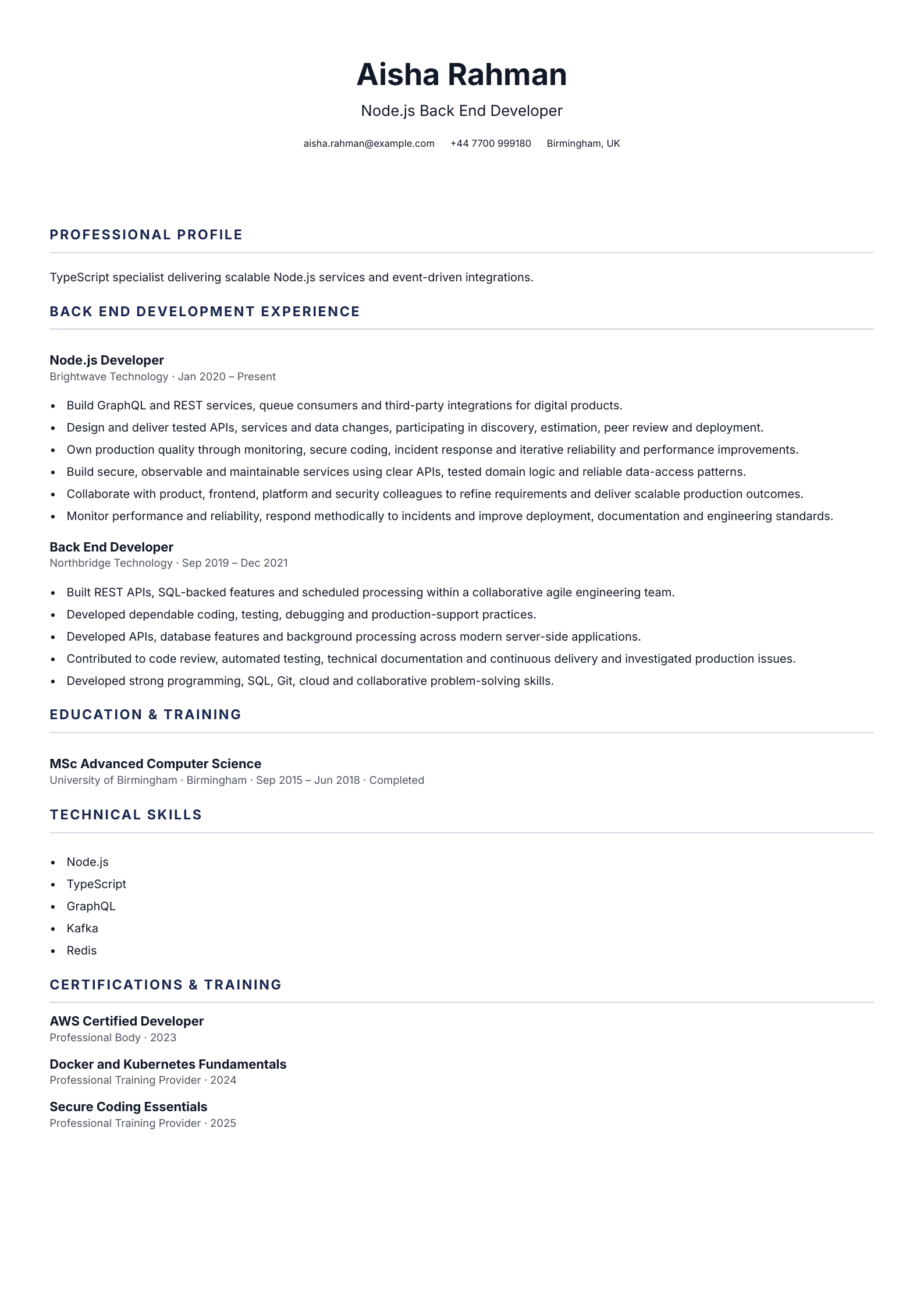 Node.js Back End Developer CV template
