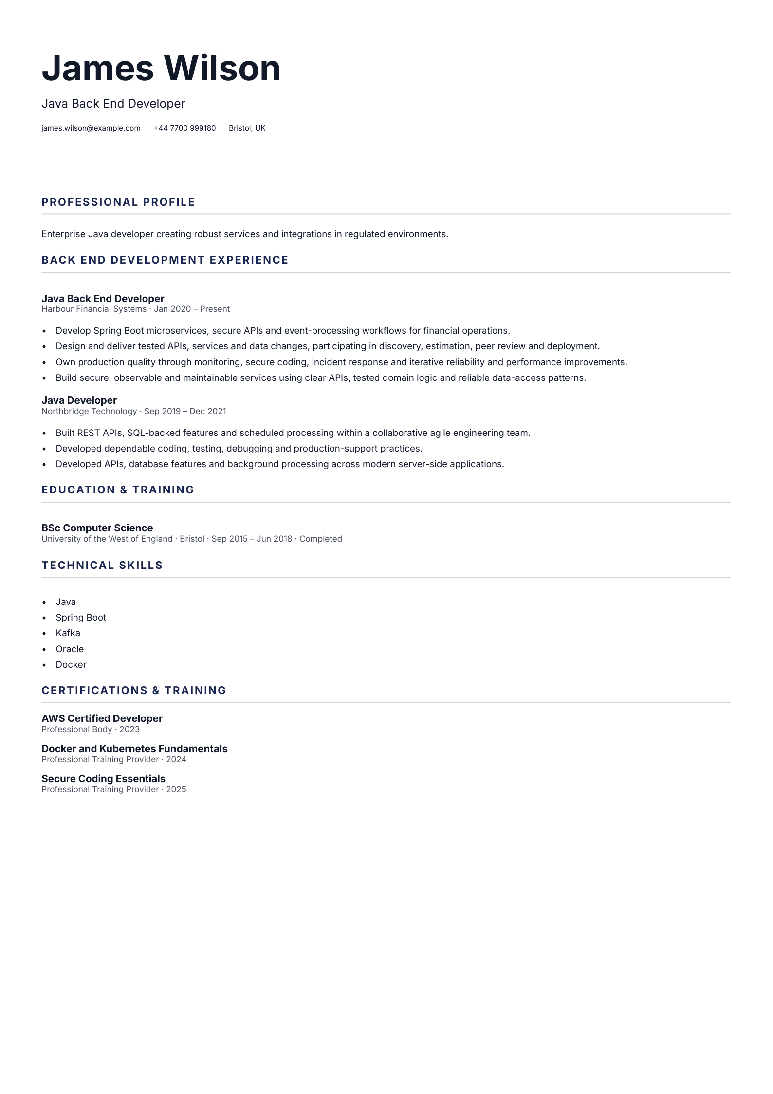 Java Back End Developer CV template