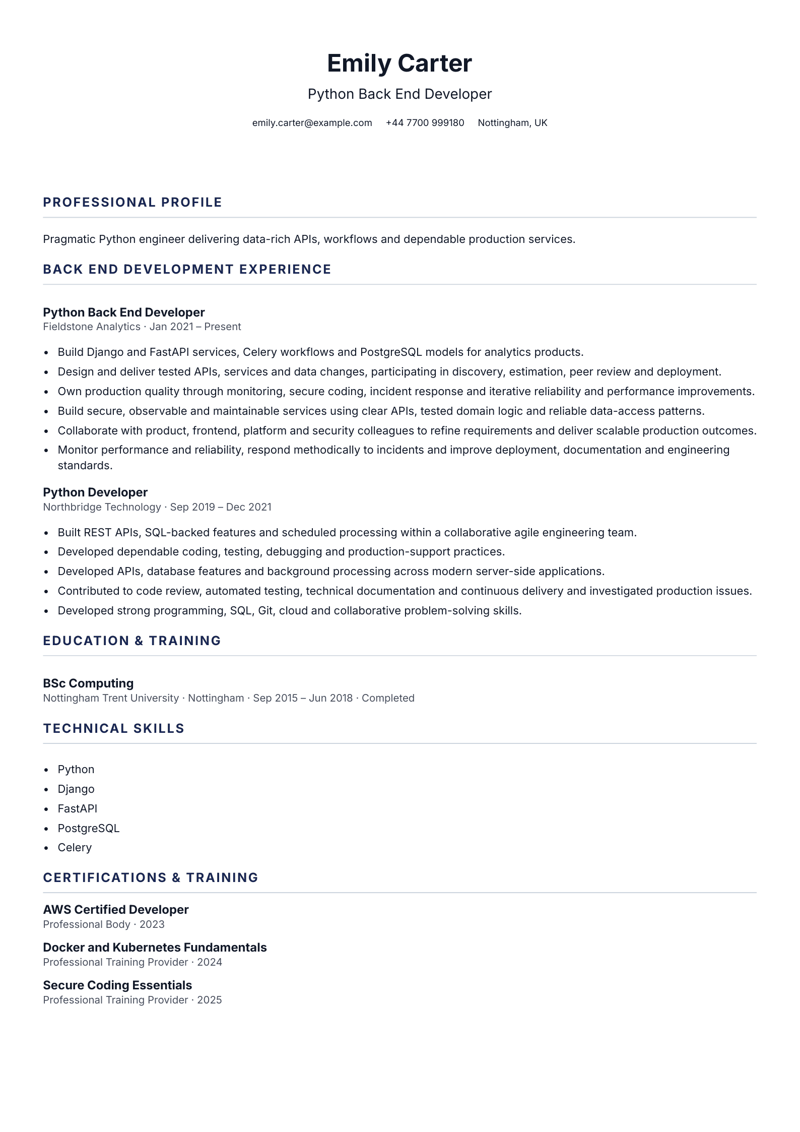Python Back End Developer CV template