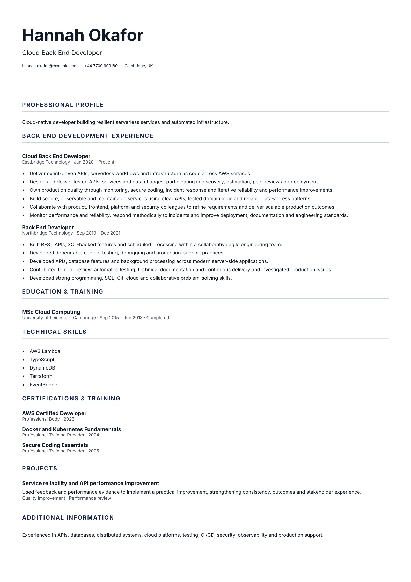 Cloud Back End Developer CV template