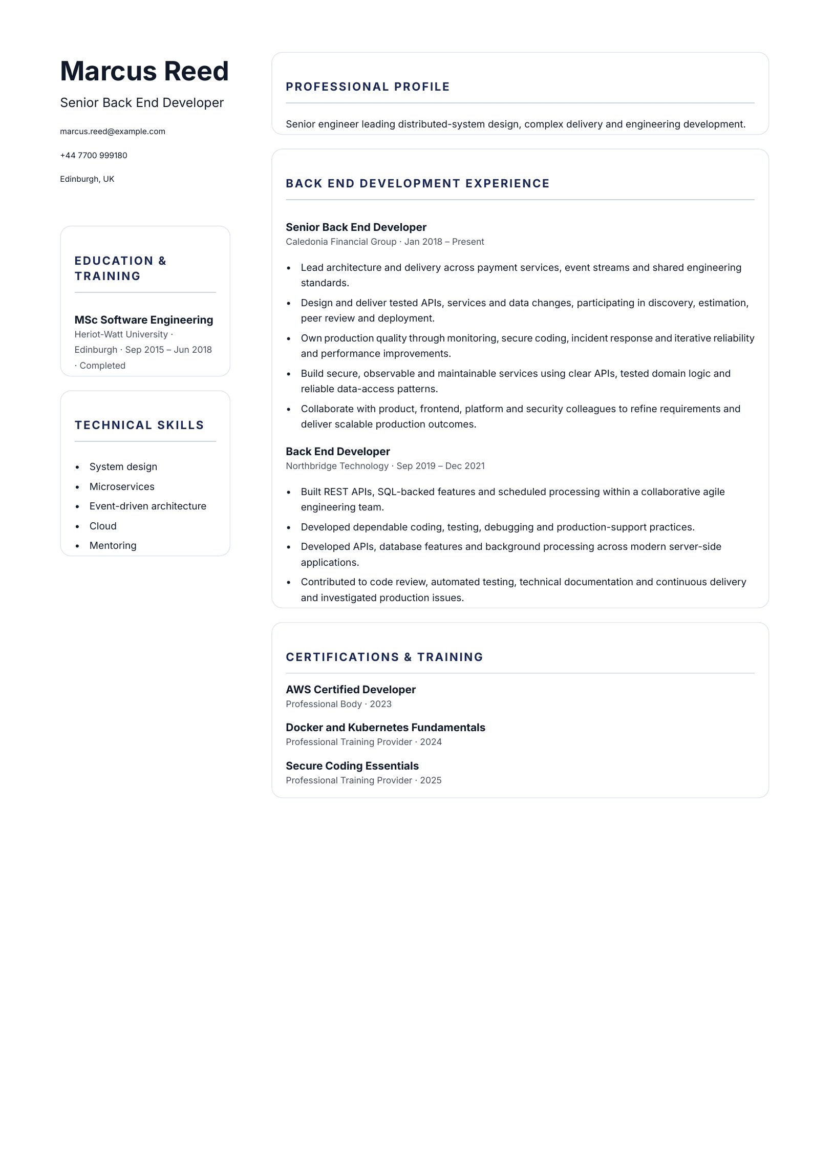 Senior Back End Developer CV template