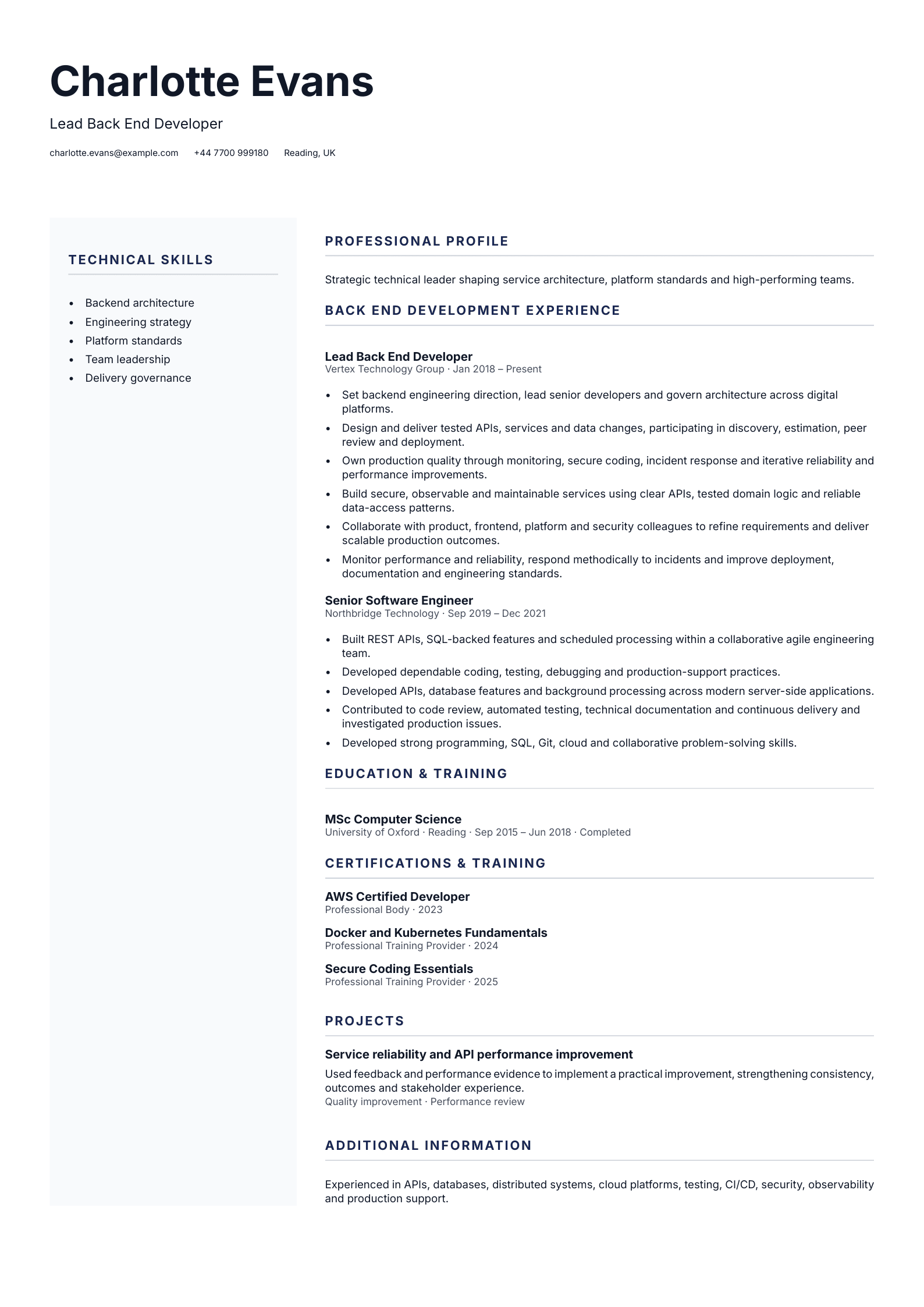 Lead Back End Developer CV template