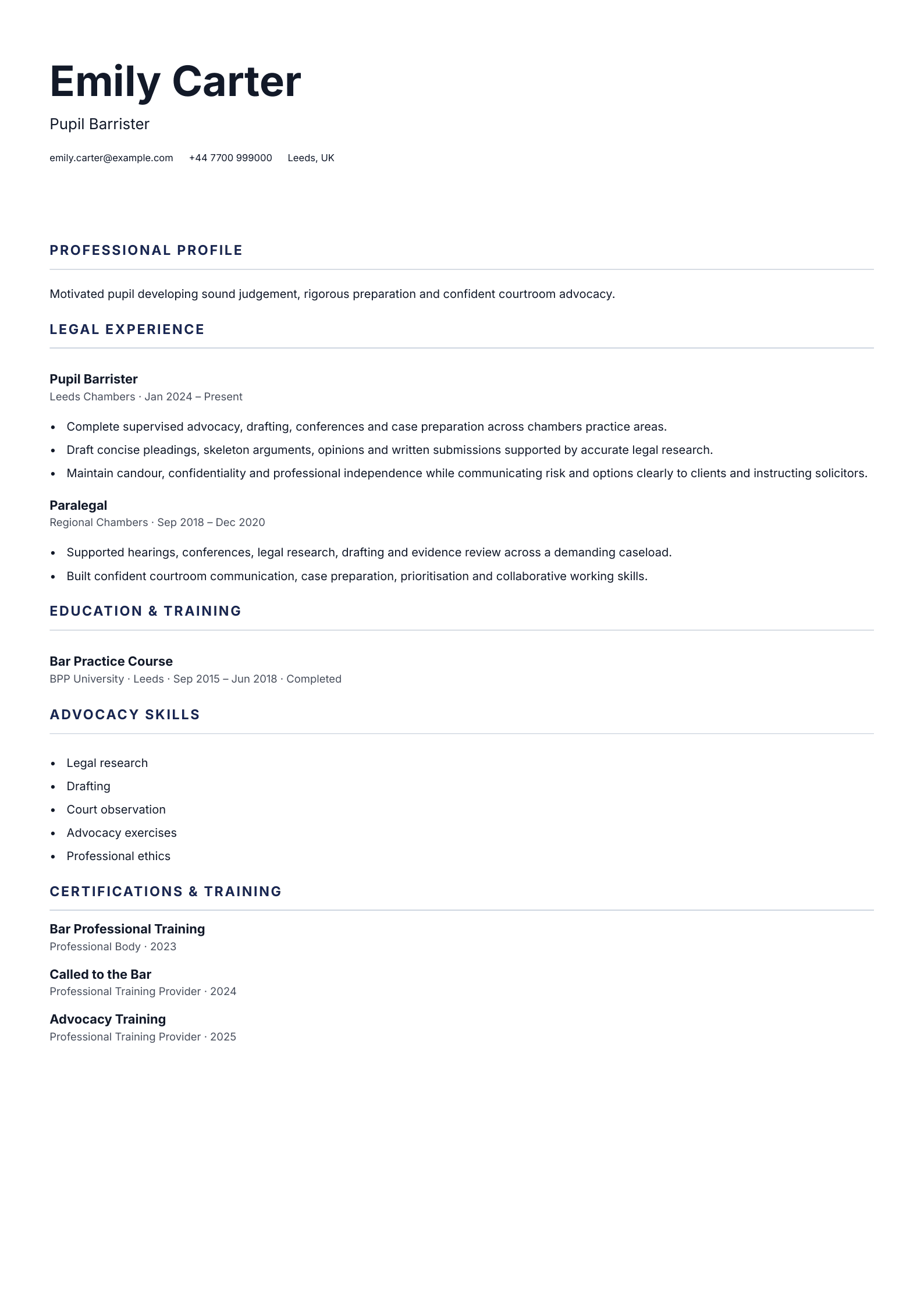 Pupil Barrister CV template