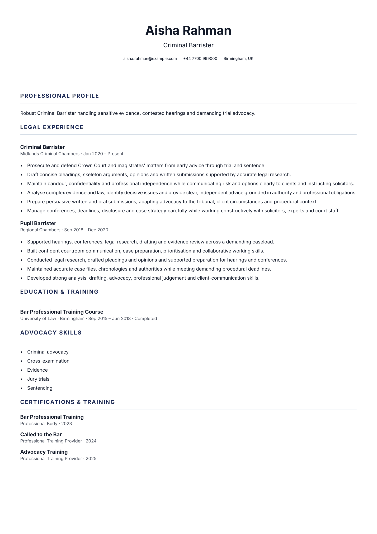 Criminal Barrister CV template