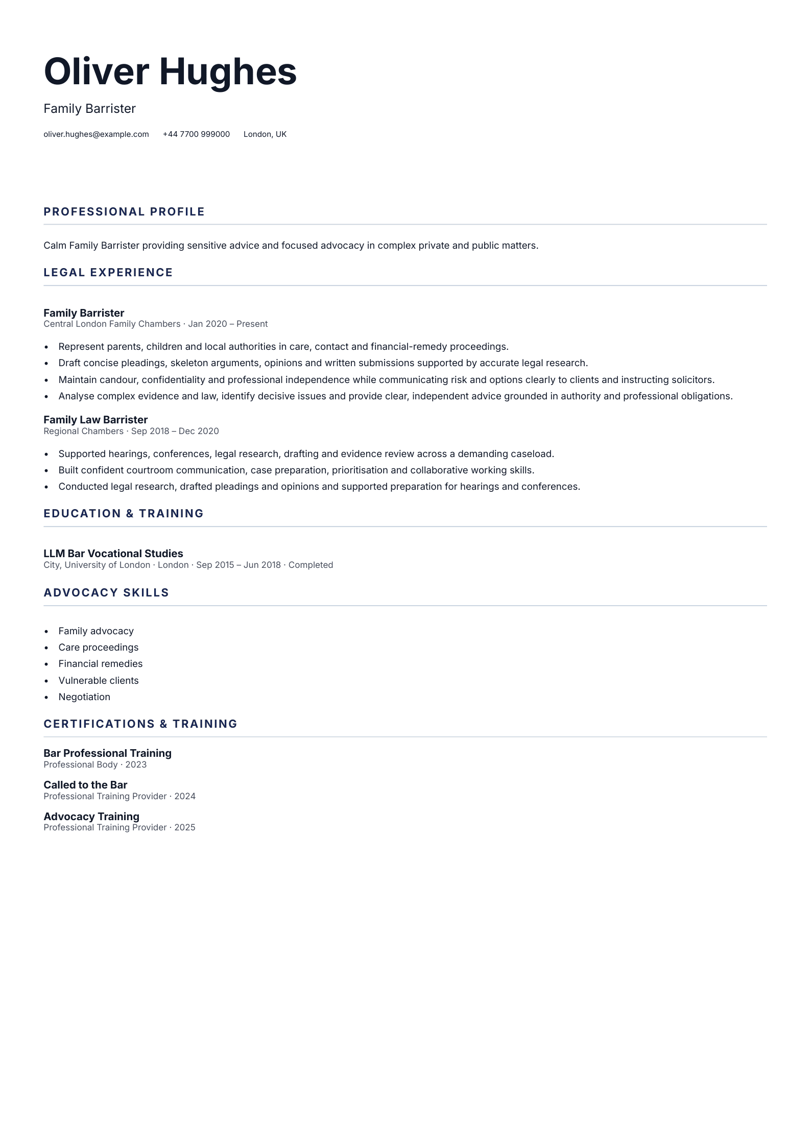 Family Barrister CV template