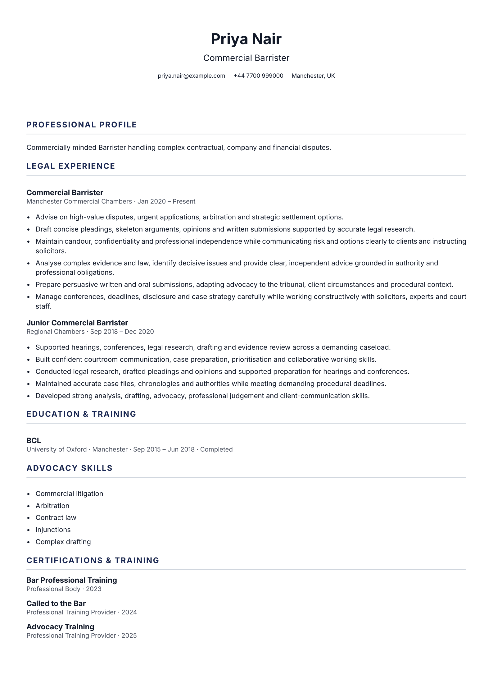 Commercial Barrister CV template