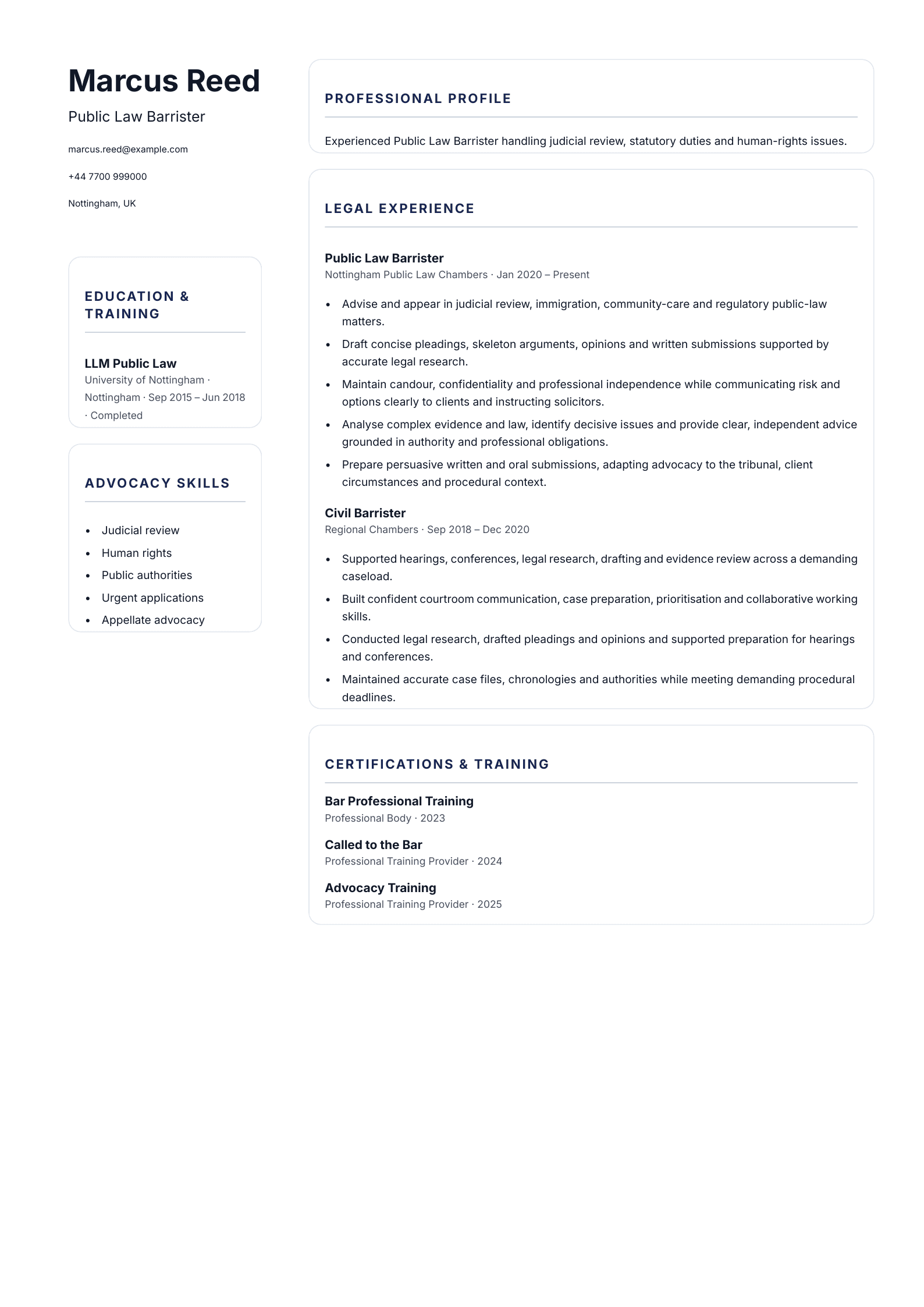 Public Law Barrister CV template