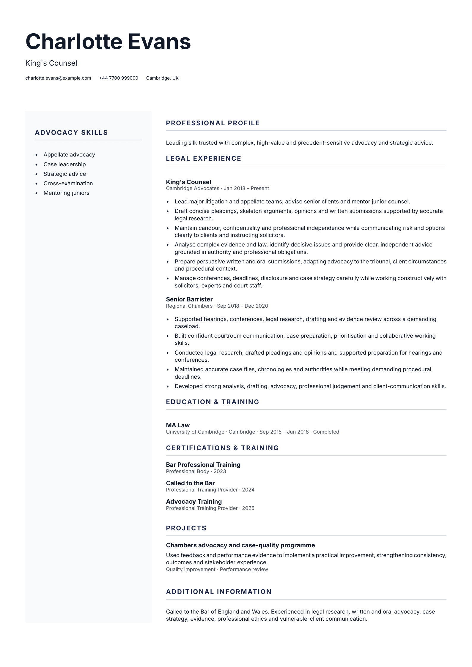King's Counsel CV template