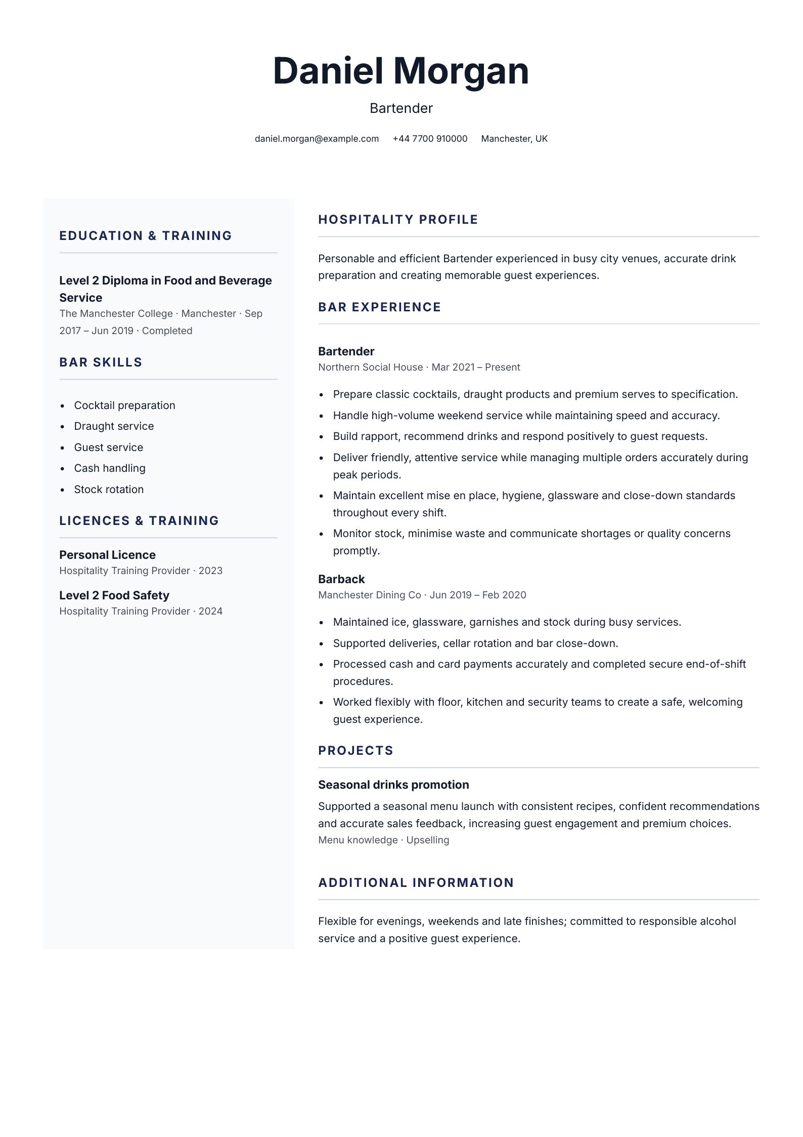 Bartender CV