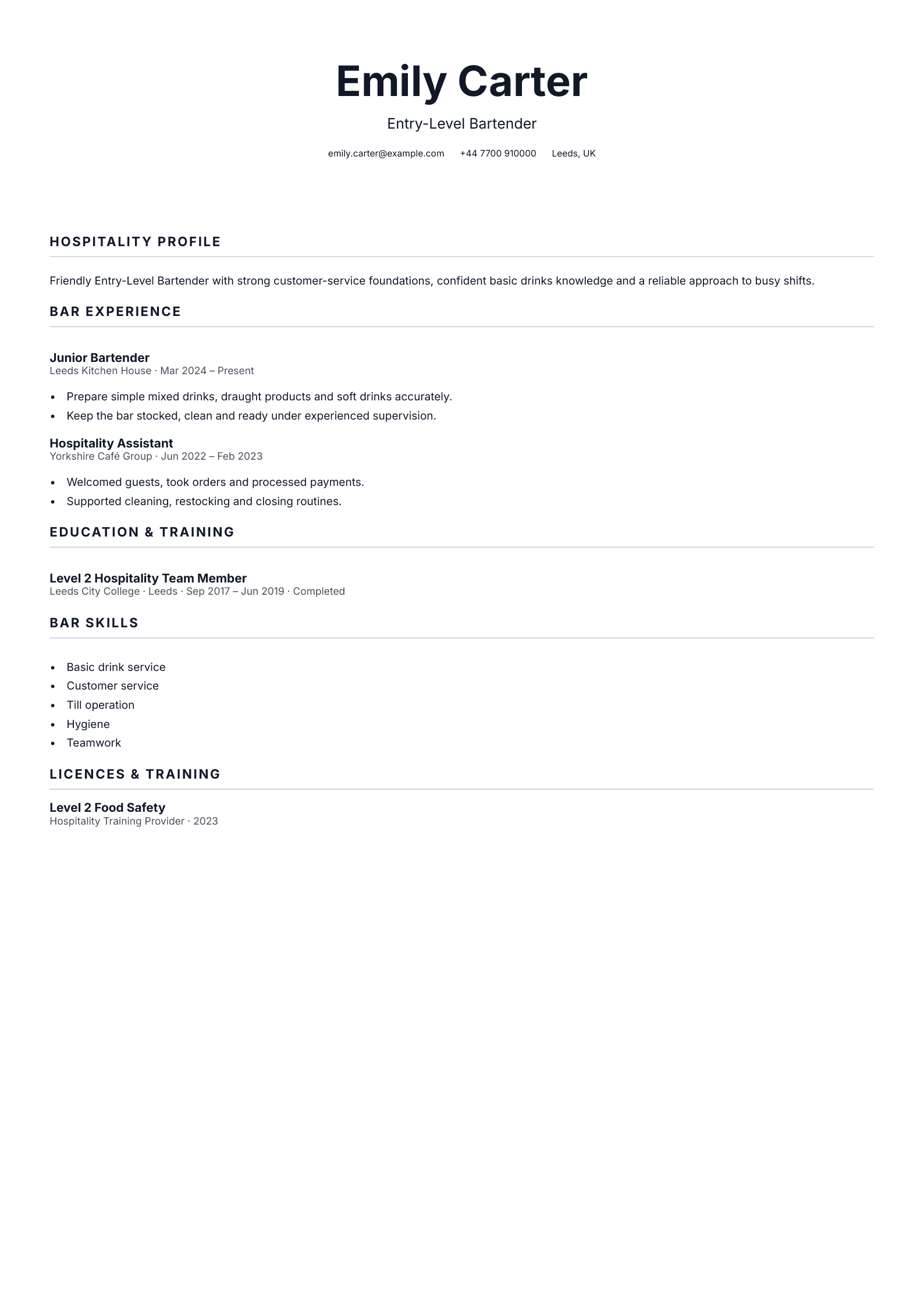 Entry-Level Bartender CV template