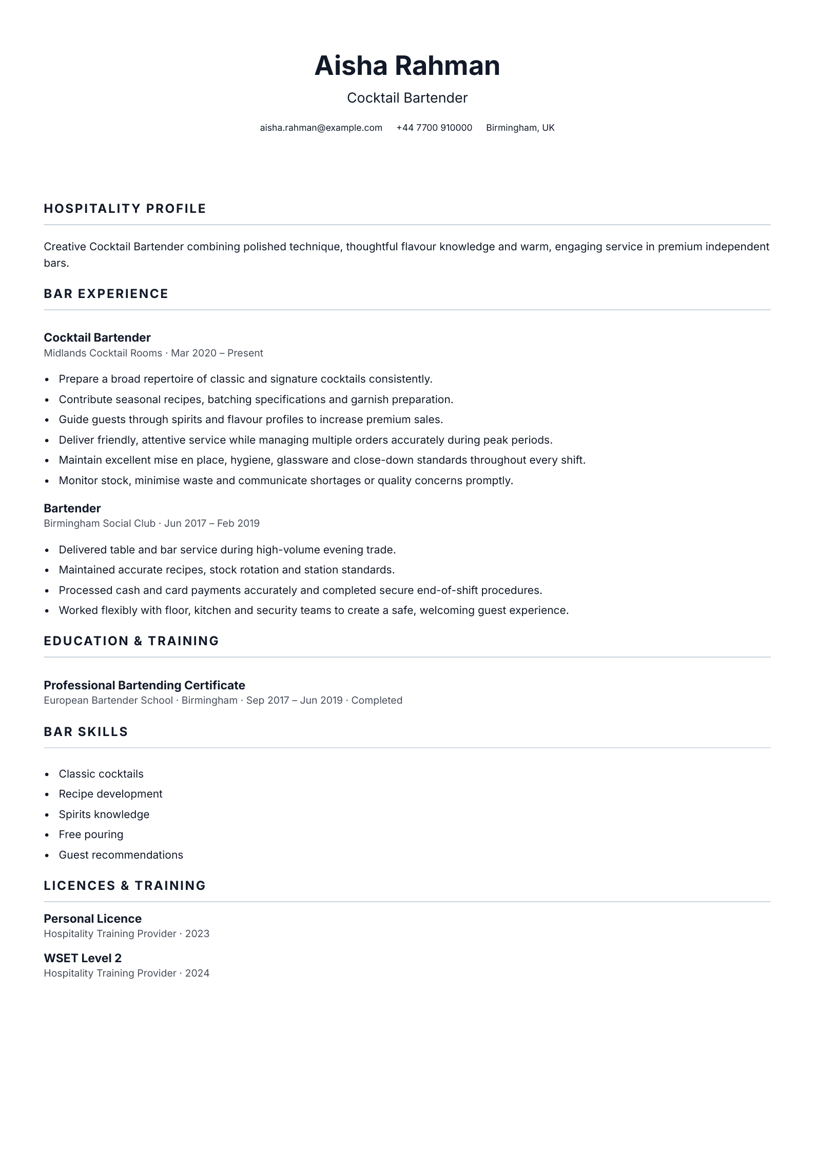 Cocktail Bartender CV template
