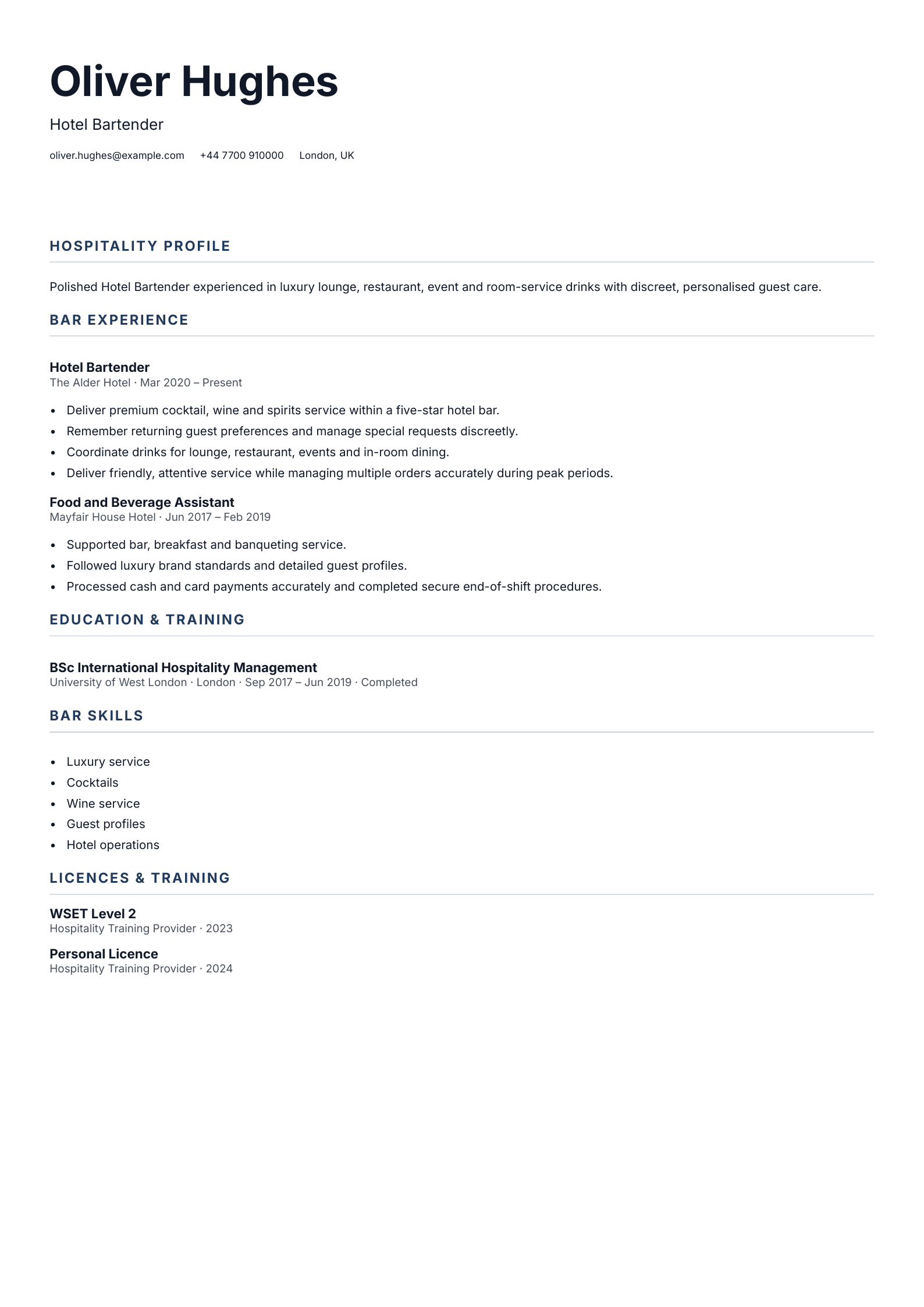 Hotel Bartender CV template